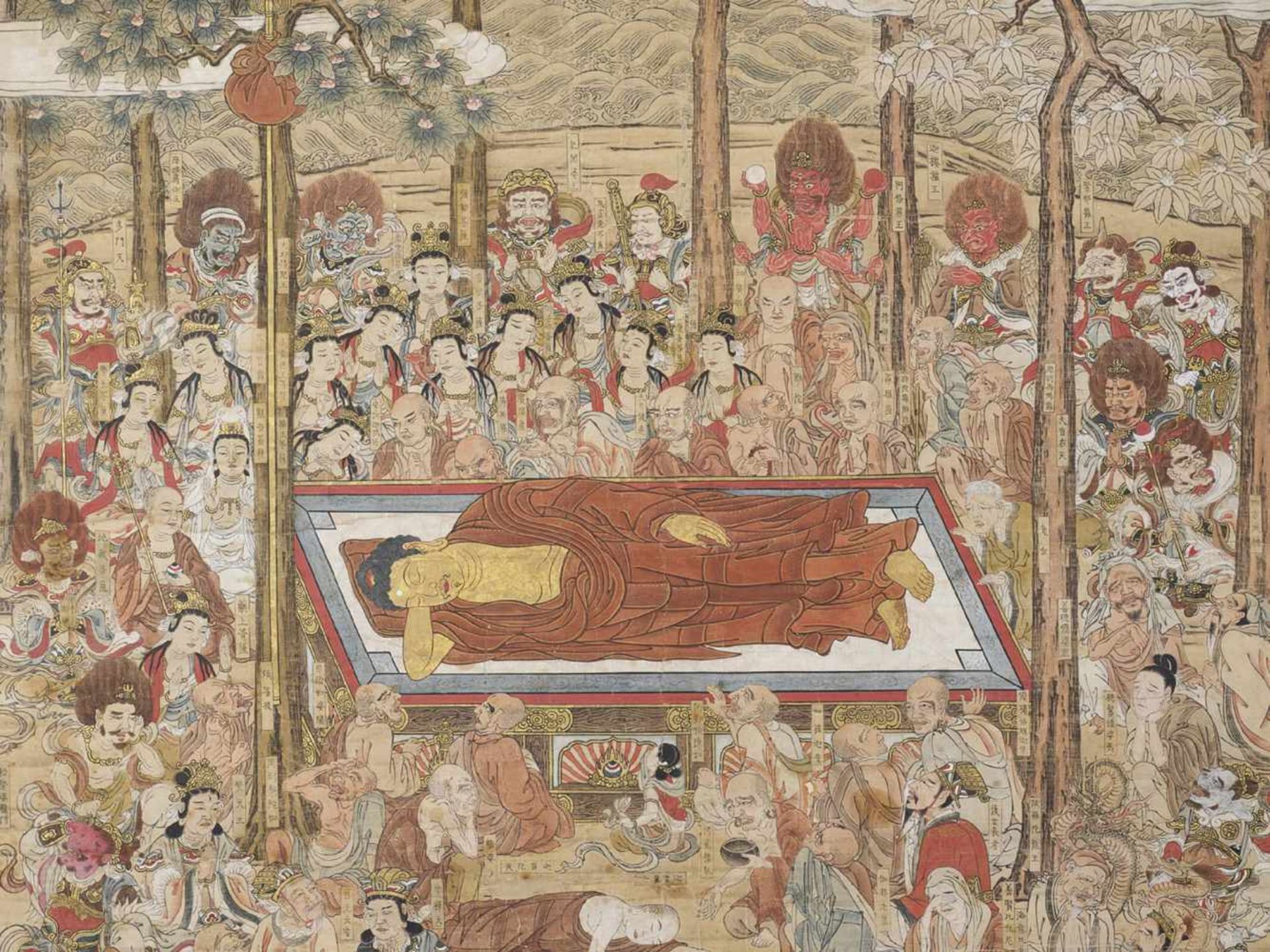 A VERY LARGE AND IMPORTANT PAINTED WOODCUT PRINT DEPICTING THE DEATH OF BUDDHA (NEHANZU) Japan, - Bild 7 aus 10