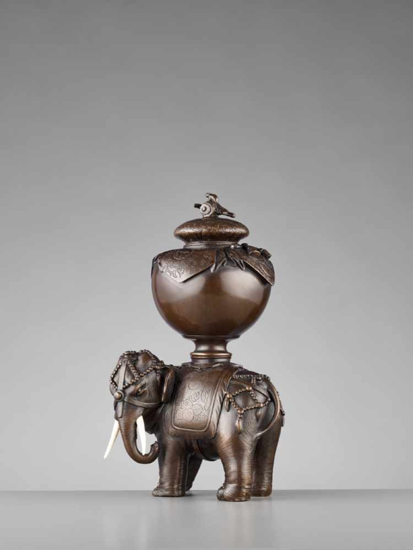 A FINE LARGE CAPARISONED ELEPHANT BRONZE KORO Japan, Meiji period (1868-1912)The pachyderm stands on - Image 2 of 10