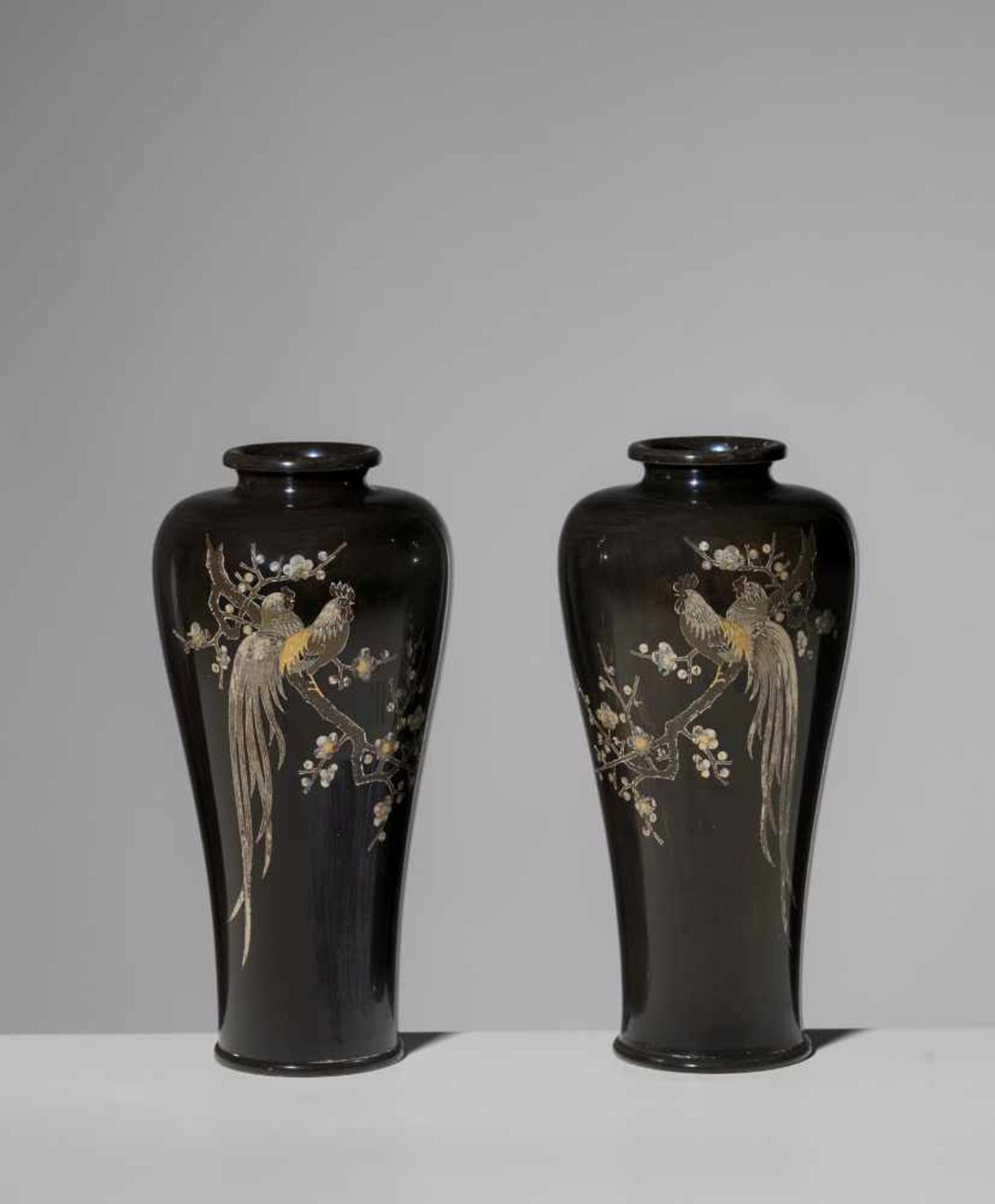 KANEYOSHI: A PAIR OF GOLD AND SILVER INLAID ‘ONAGADORI’ VASES By Kaneyoshi, signed KaneyoshiJapan,