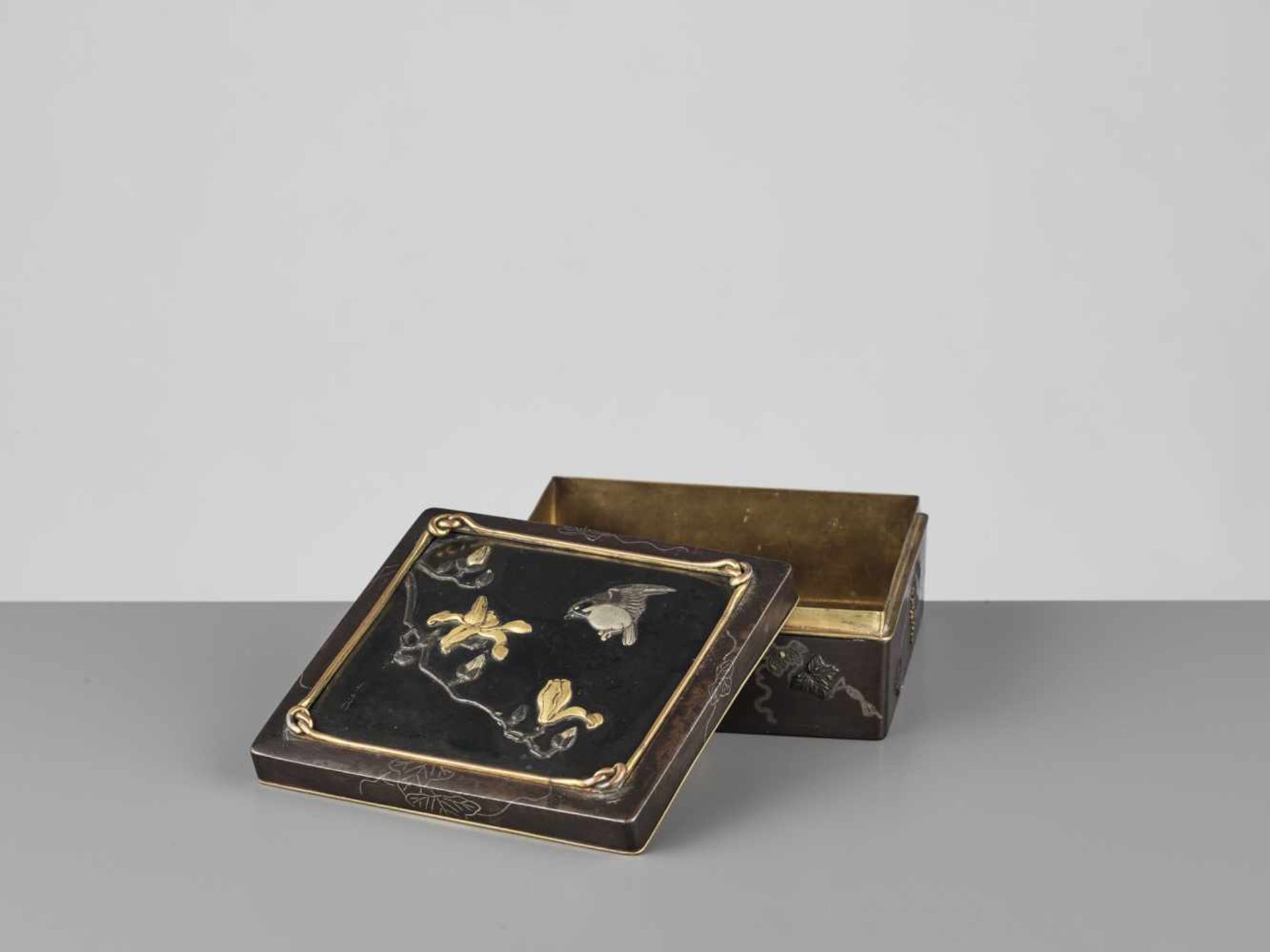 MASAYUKI: AN IRON AND GOLD BOX WITH MAGNOLIA AND SPARROW By Masayuki, signed MasayukiJapan, late - Image 5 of 11