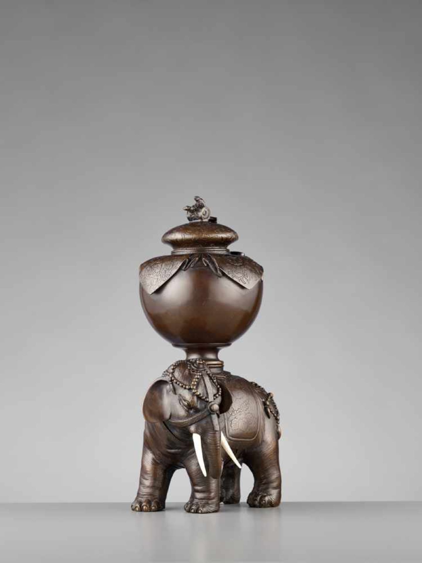 A FINE LARGE CAPARISONED ELEPHANT BRONZE KORO Japan, Meiji period (1868-1912)The pachyderm stands on - Image 7 of 10