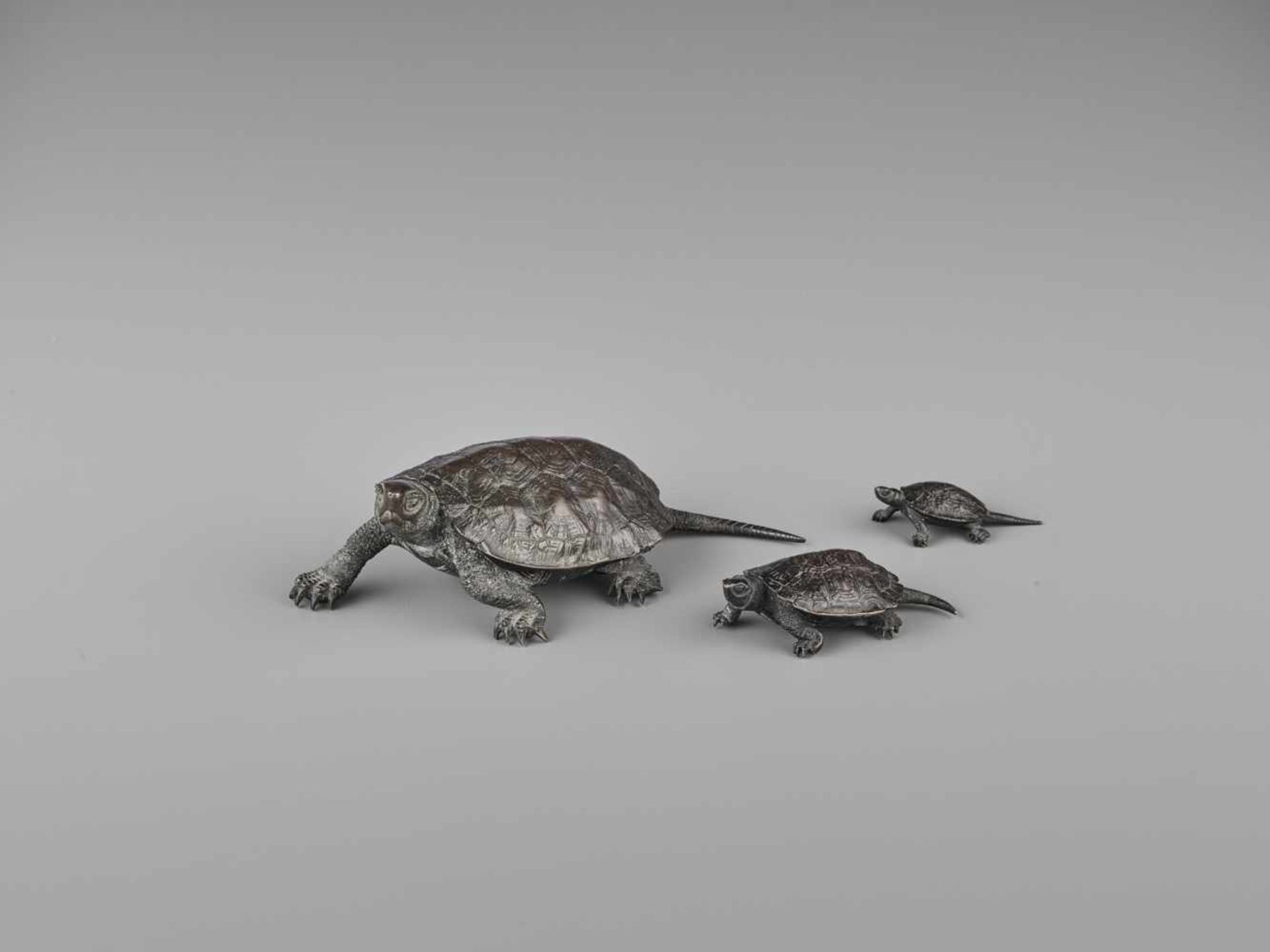 A BRONZE GROUP OF THREE TORTOISES The largest signed Tsunemitsu, the second largest signed - Image 2 of 11