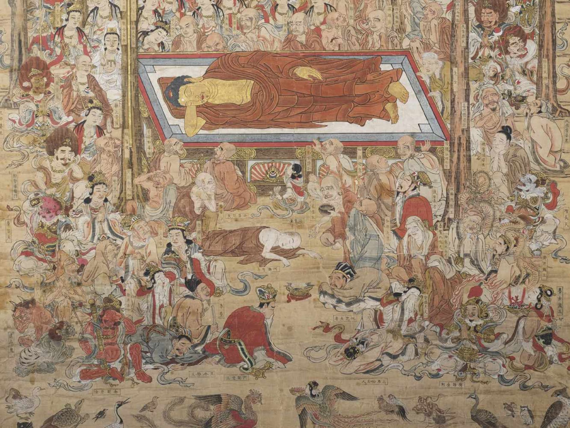 A VERY LARGE AND IMPORTANT PAINTED WOODCUT PRINT DEPICTING THE DEATH OF BUDDHA (NEHANZU) Japan, - Bild 8 aus 10