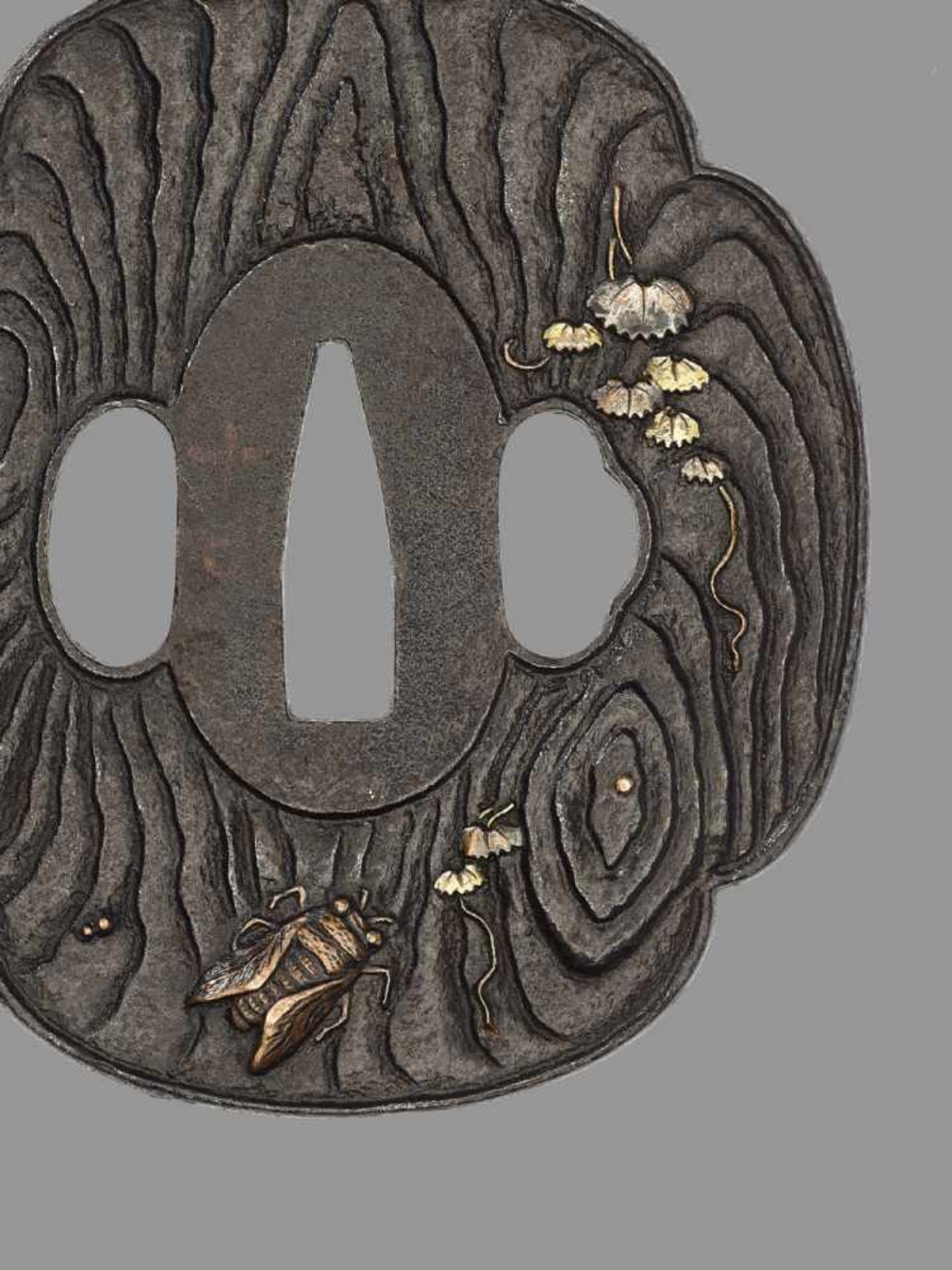 TWO IRON TSUBA WITH TREE BARK AND CICADA Japan, 18th to 19th century, Edo period (1615-1868)The - Image 3 of 7