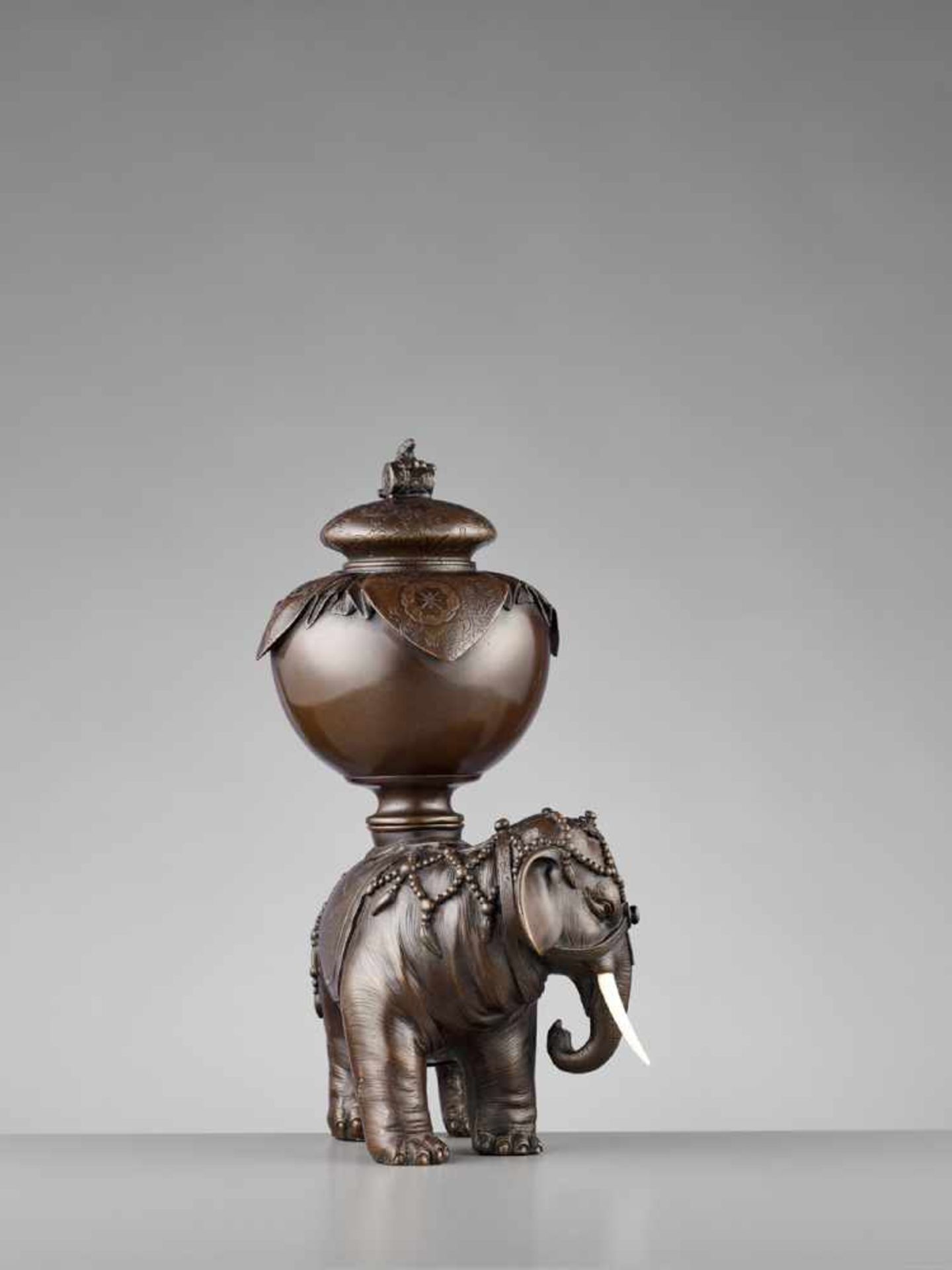 A FINE LARGE CAPARISONED ELEPHANT BRONZE KORO Japan, Meiji period (1868-1912)The pachyderm stands on - Image 6 of 10