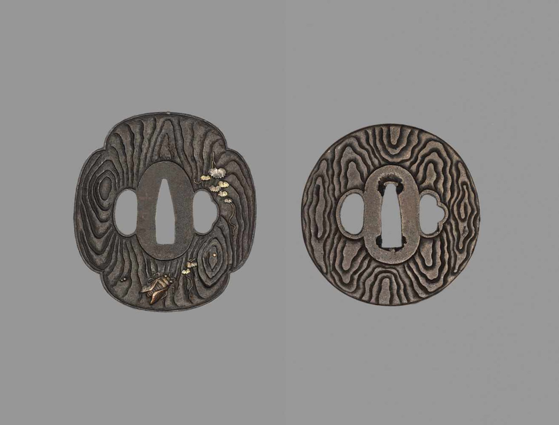 TWO IRON TSUBA WITH TREE BARK AND CICADA Japan, 18th to 19th century, Edo period (1615-1868)The