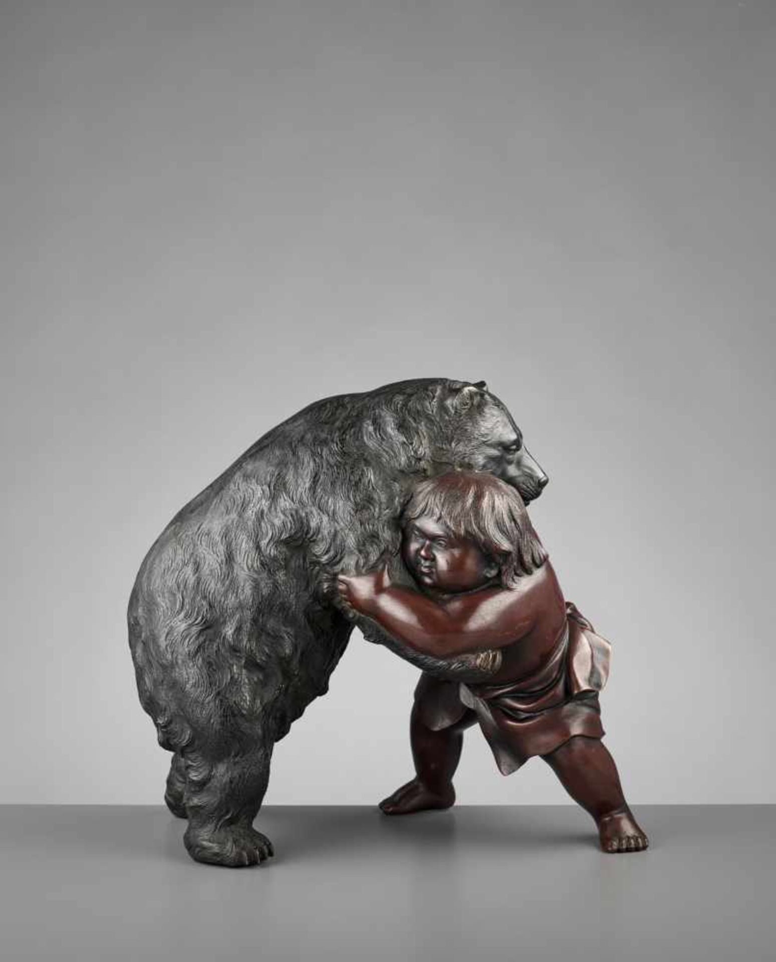 HIROMITSU: A RARE BRONZE OF KINTARO SUMO WRESTLING WITH A BEAR By Hiromitsu, signed Hiromitsu