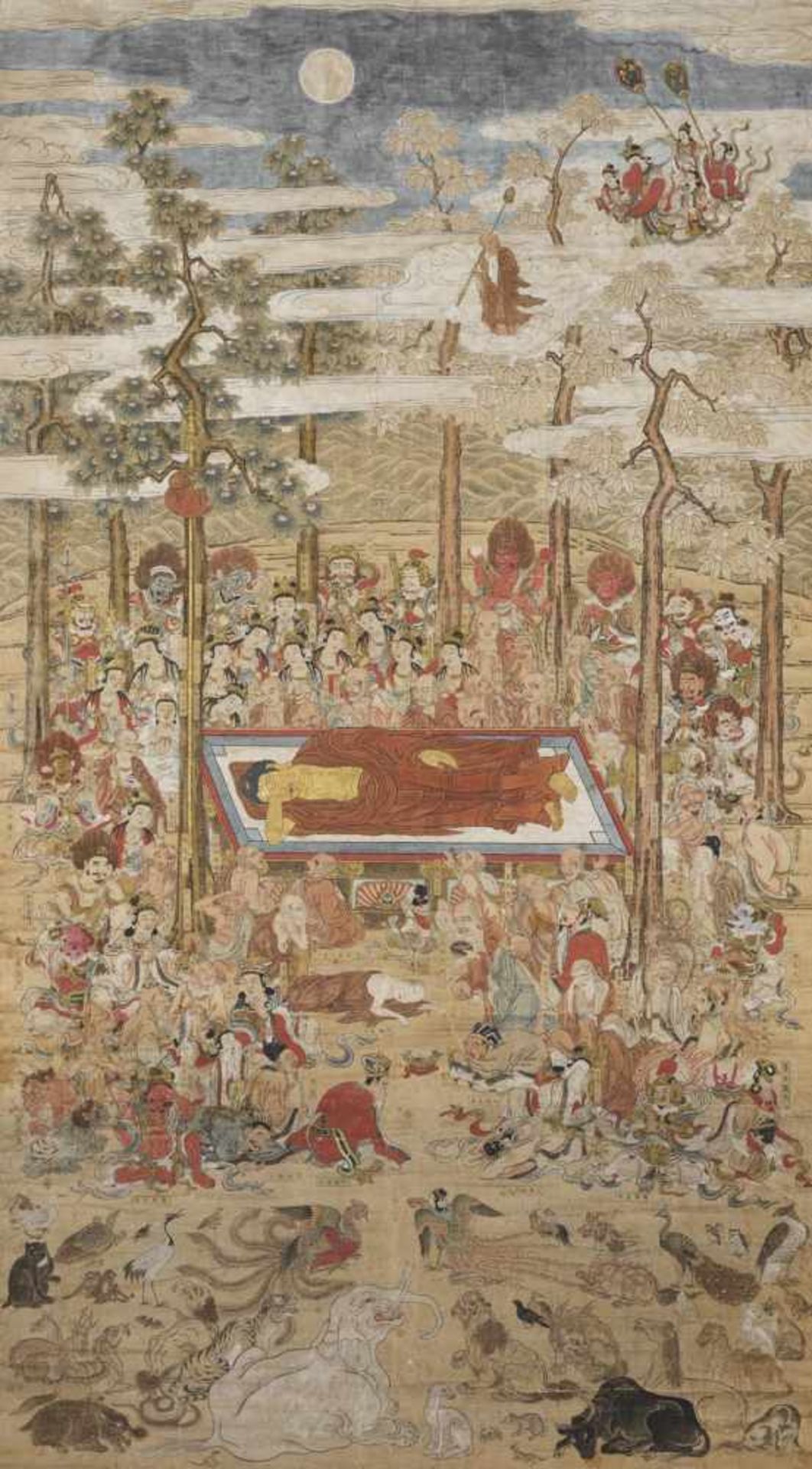 A VERY LARGE AND IMPORTANT PAINTED WOODCUT PRINT DEPICTING THE DEATH OF BUDDHA (NEHANZU) Japan,