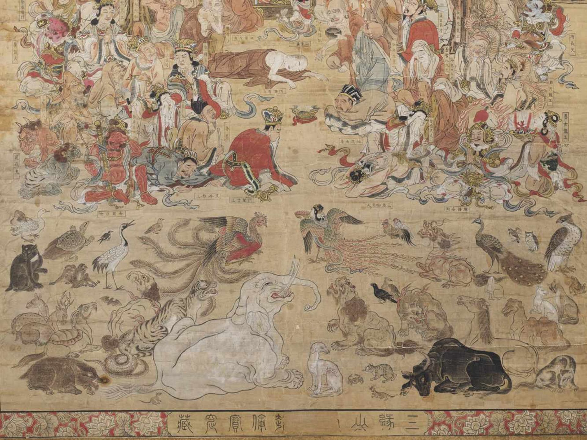 A VERY LARGE AND IMPORTANT PAINTED WOODCUT PRINT DEPICTING THE DEATH OF BUDDHA (NEHANZU) Japan, - Bild 3 aus 10