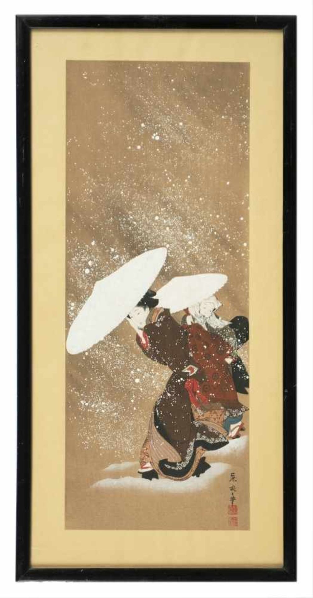 Hahn und Henne sowie Frauen im SchneeChina / Japan, Aquarell / Papier, 20. Jh.24 x 39 cm und 41 x 16 - Bild 4 aus 4