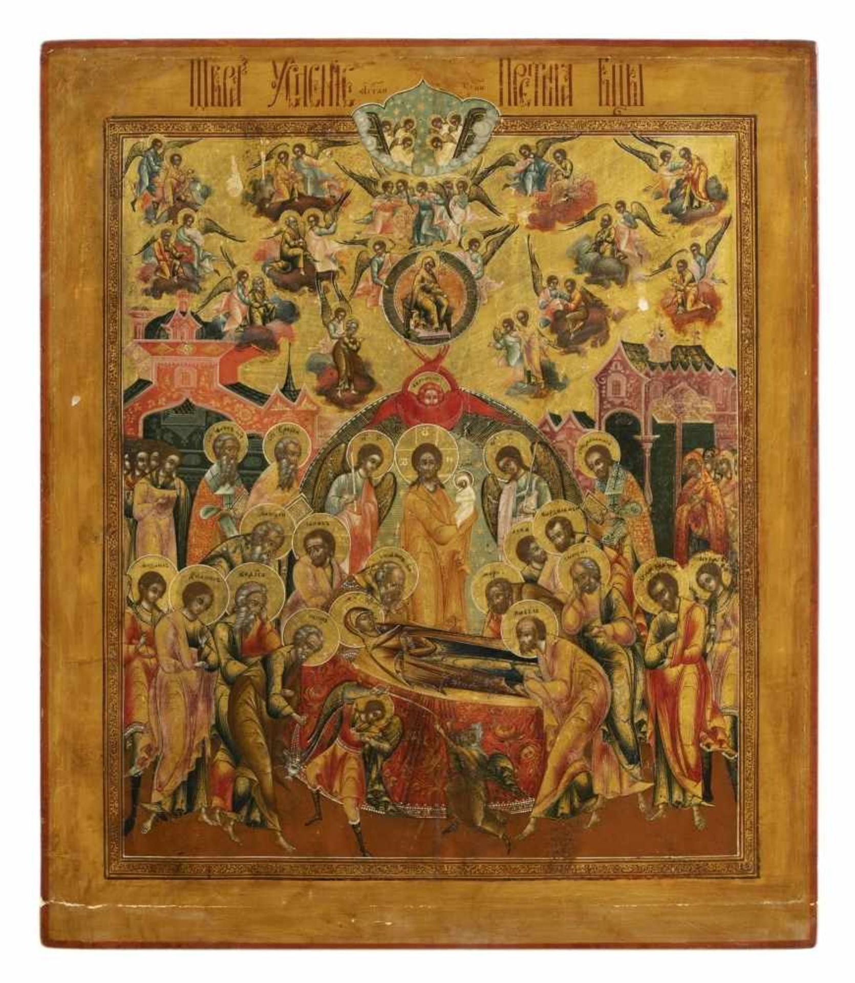 Entschlafung der GottesmutterRussische Ikone (Palech), Tempera / Holz, um 180040,2 x 34,4 cmAuf
