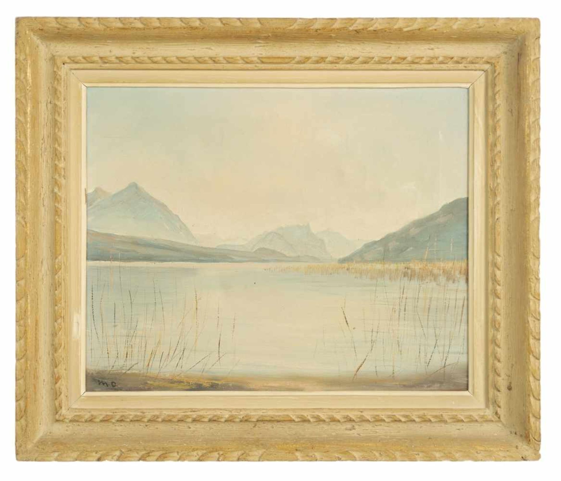 Schweizer MalerBlick über den Thuner SeeÖl / Leinwand, unten links monogrammiert "M.O."40 x 50 cm, - Image 2 of 2