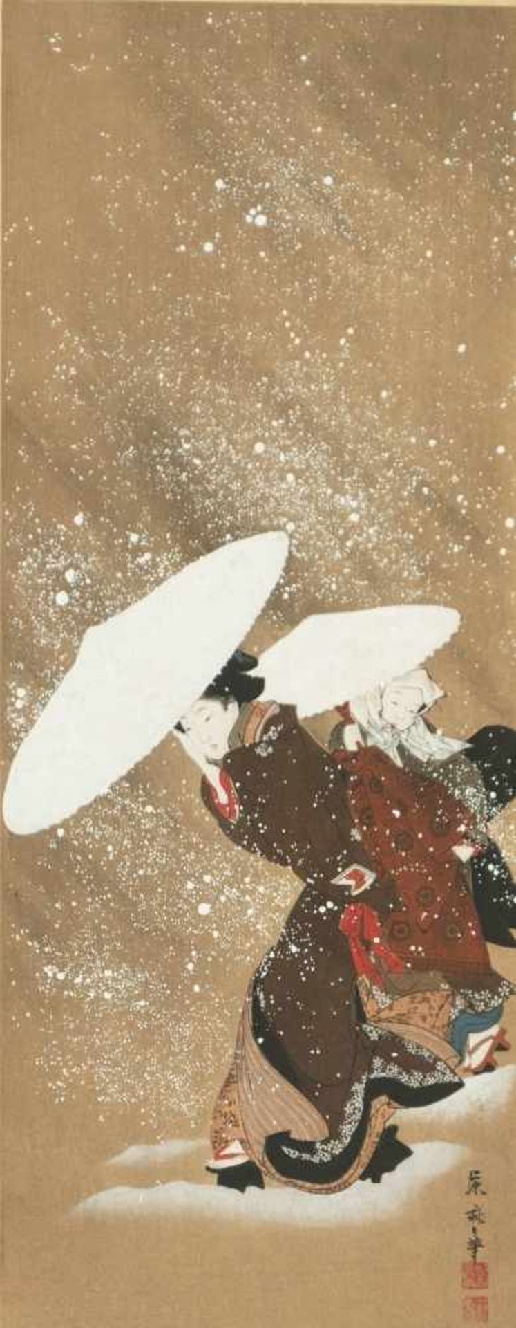 Hahn und Henne sowie Frauen im SchneeChina / Japan, Aquarell / Papier, 20. Jh.24 x 39 cm und 41 x 16 - Bild 2 aus 4