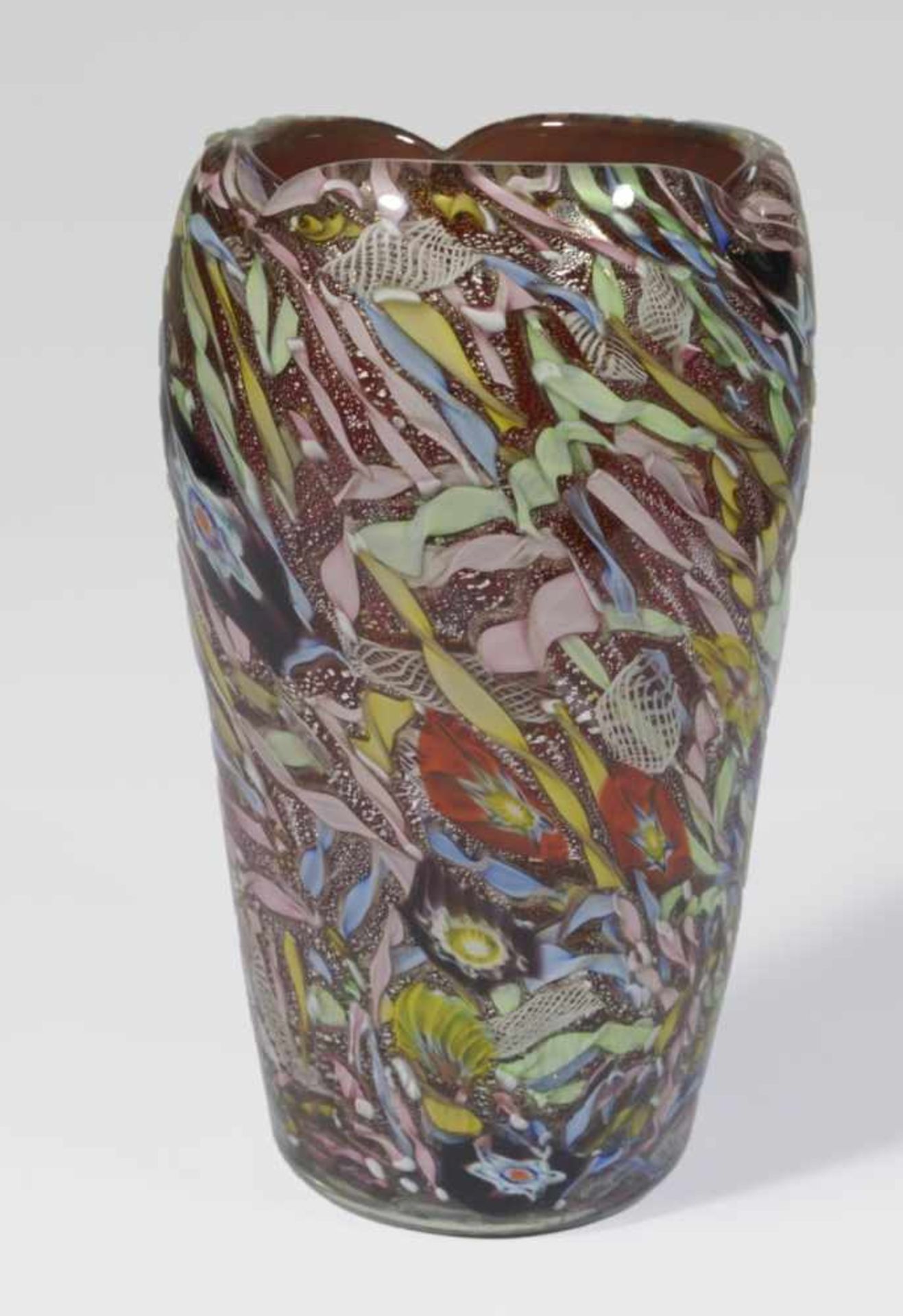 Vase by Dino Martens for AVeM, Murano, red, colourless glass, gold foil, polychrome melts
