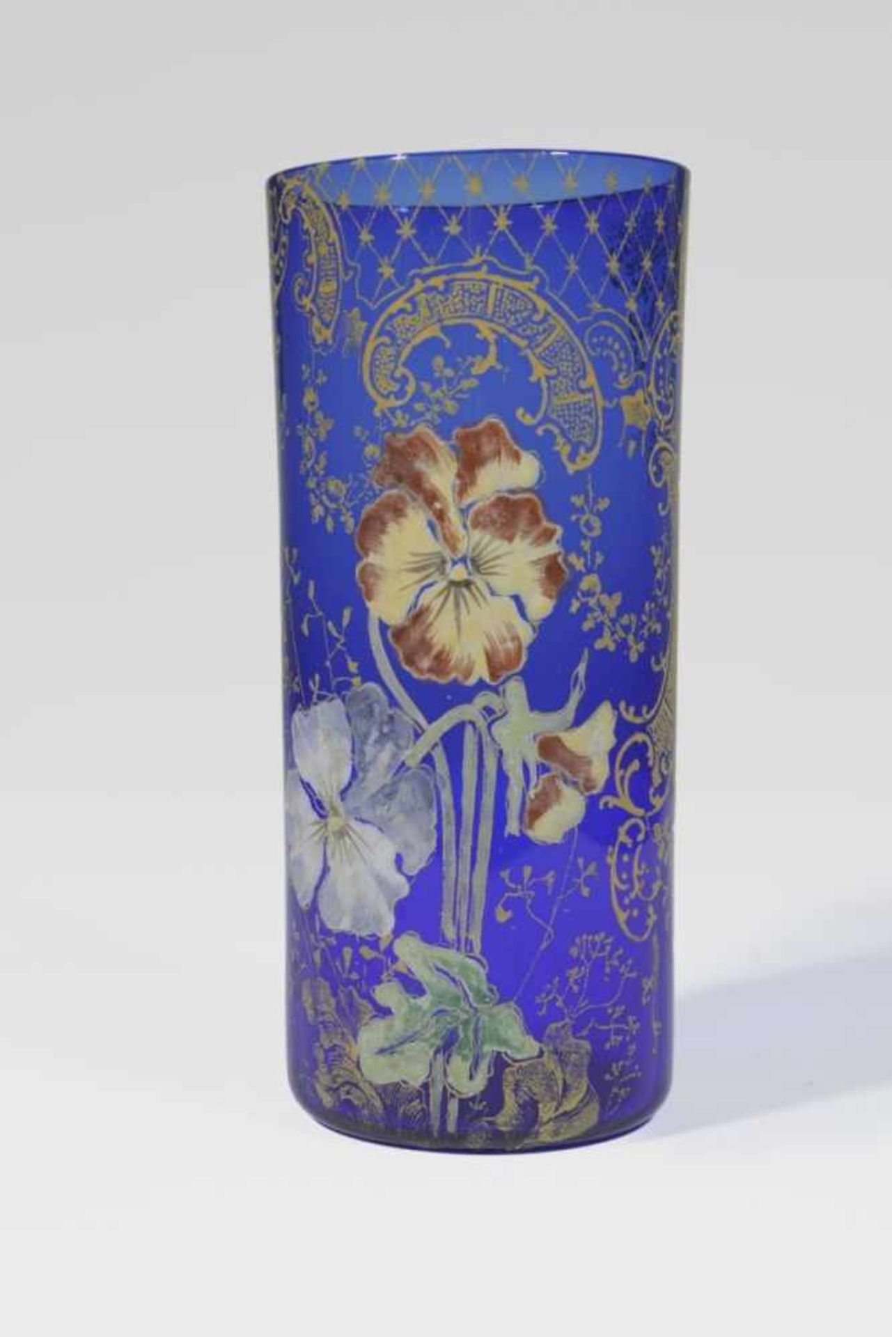 Vase with pansy in polychrome enamel painting, Legras France, Blue Glass, around 1900,
