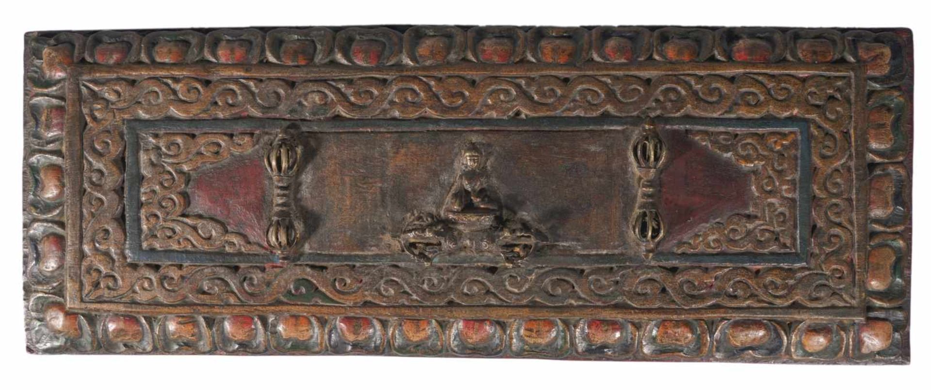 A Buddhist manuscript between two elaborately designed book covers made of wood and with - Bild 2 aus 2