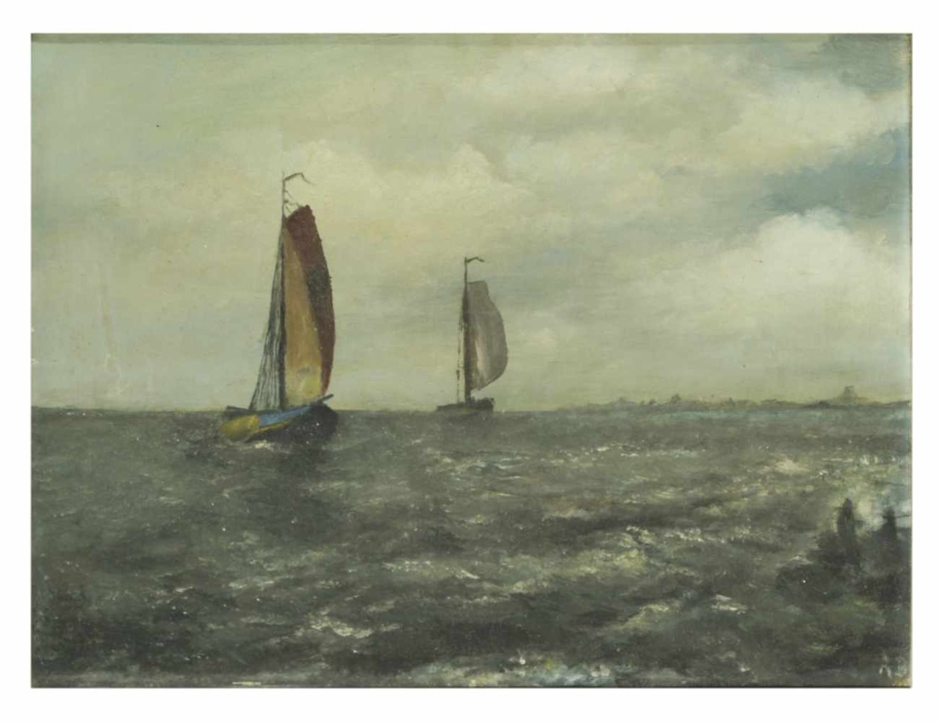 Monogramist A.B., Boats on the sea, probably Netherlands, oil on canvas, 20th c., 30 x 40