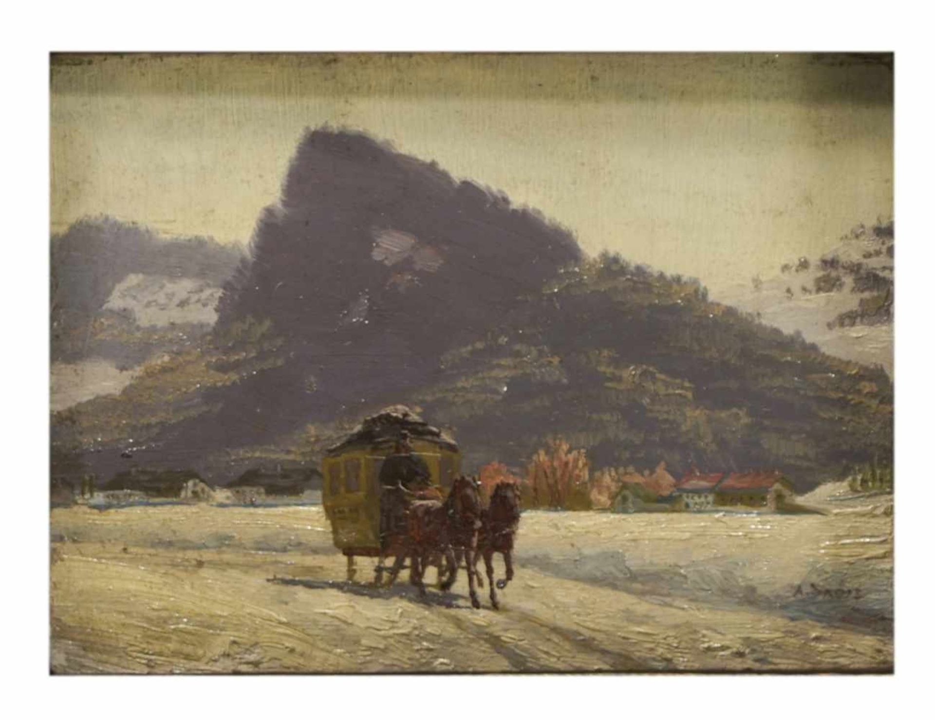 Antoinette SACHS (1904-?), Carriage in Winter landscape, Oil on panel, signed, 11 x 16 cm,