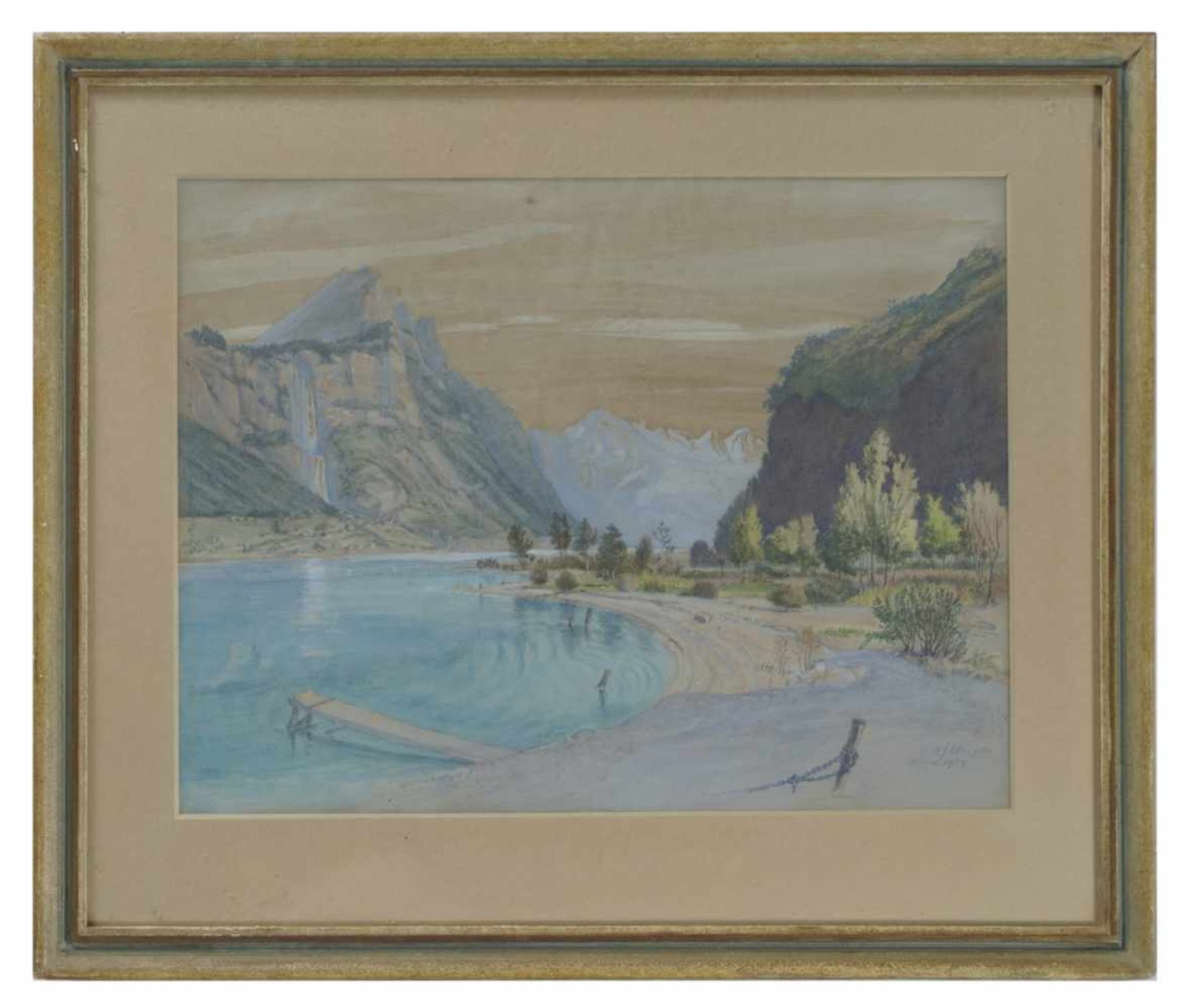 Unknown painter, View of a landscape, maybe Weesen, Canton St. Gallen, illegible signed - Image 2 of 2