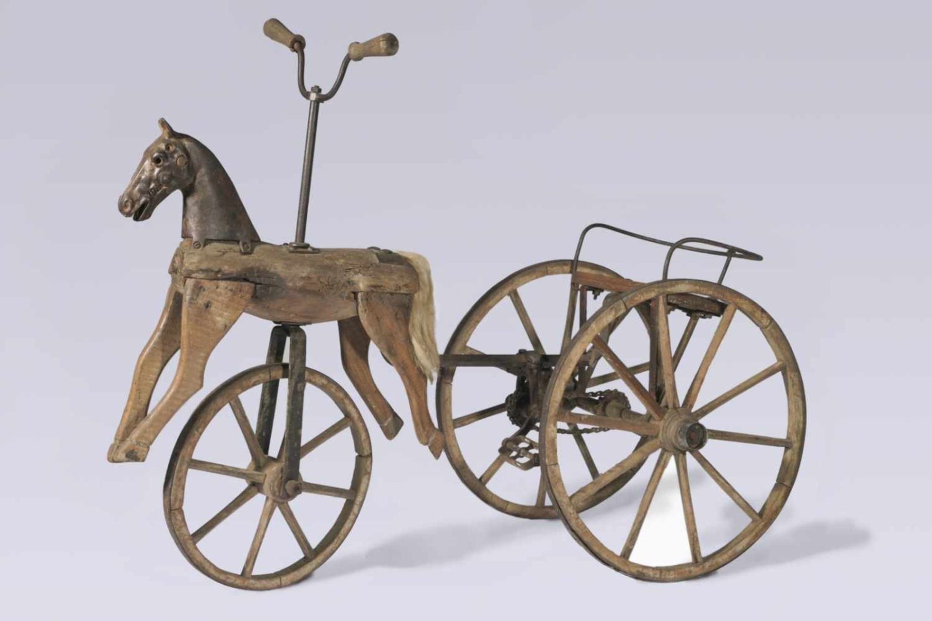 Rare wooden tricycle horse, Switzerland, probably shortly after 1900, length: 100 cm,