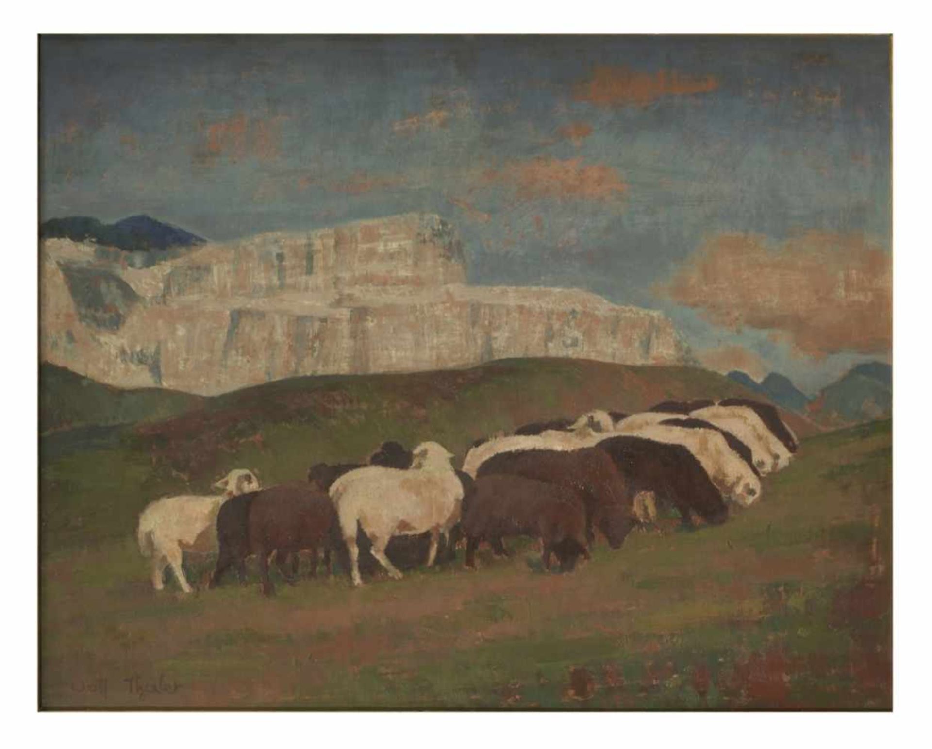 Wolf THALER (1895-1952), Flock of sheep in front of Sella group in South Tyrol, Oil on