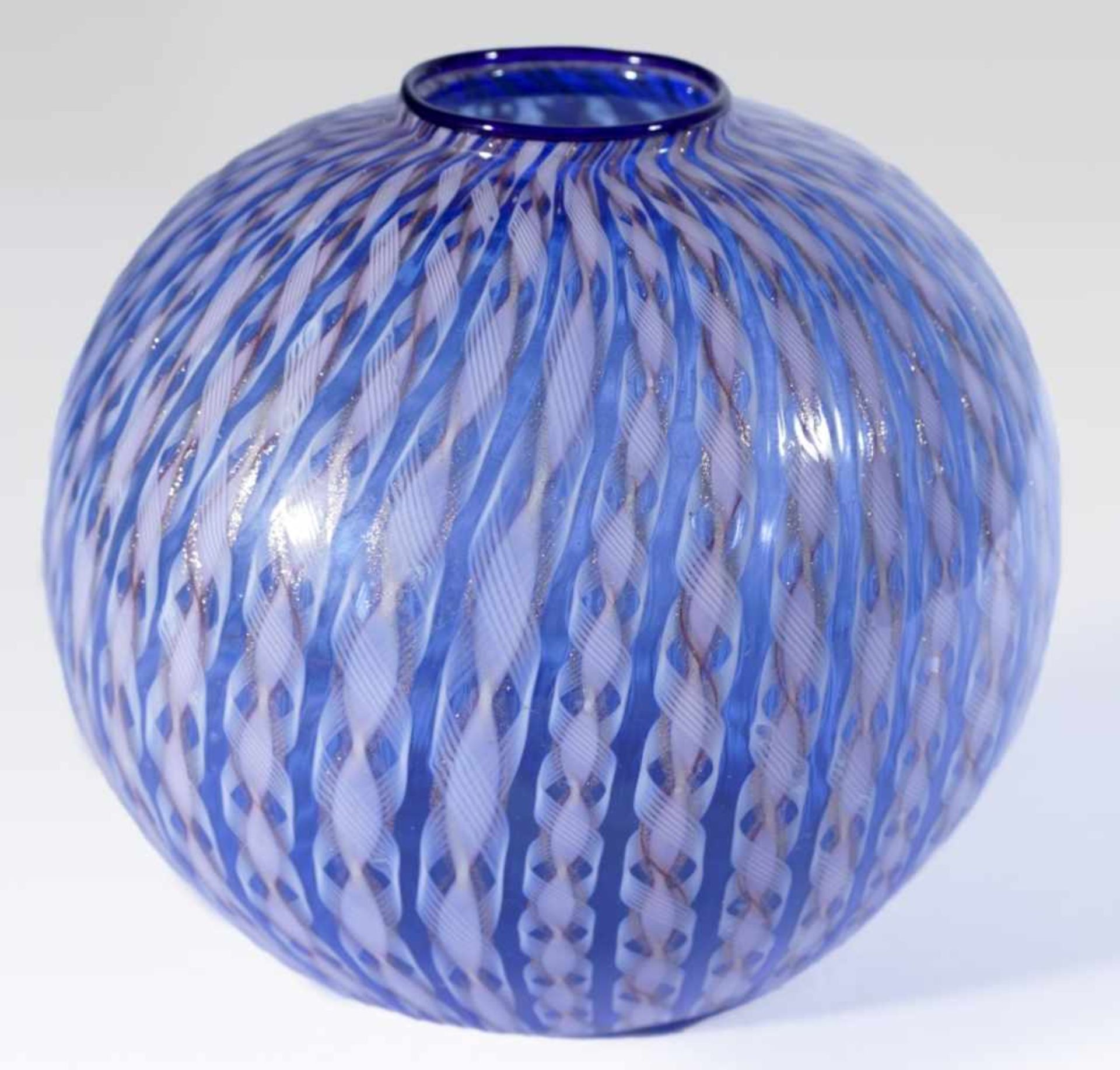 Murano vase, blue, milky and aventurine glass in Zanfirico technique, ca. 1950-60, height: