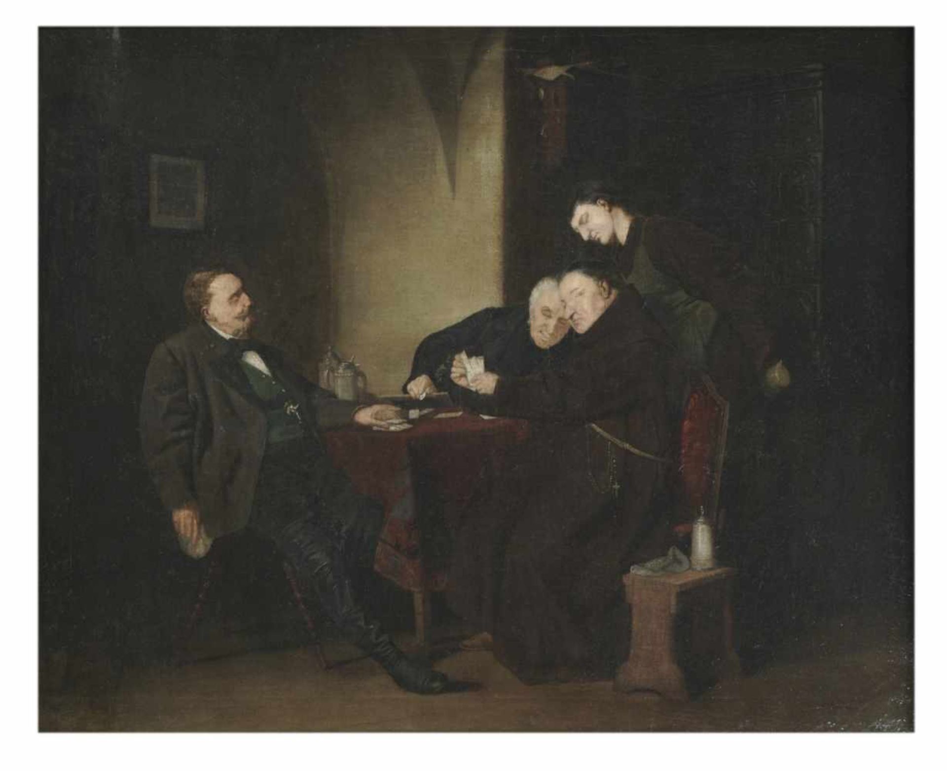 Savini, probably Alfonso Savini (1836-1908), At the card game, Oil on canvas, signed lower
