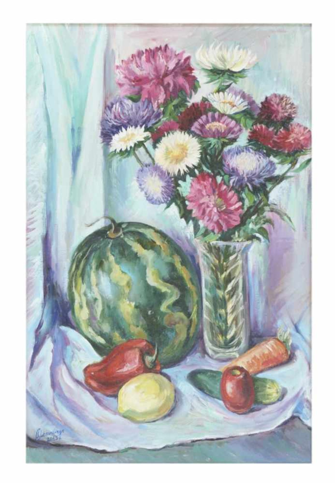 Switlana Melnytschuk, Two still lifes with Hanukkah and Asters, Oil on canvas, signed, - Bild 4 aus 4