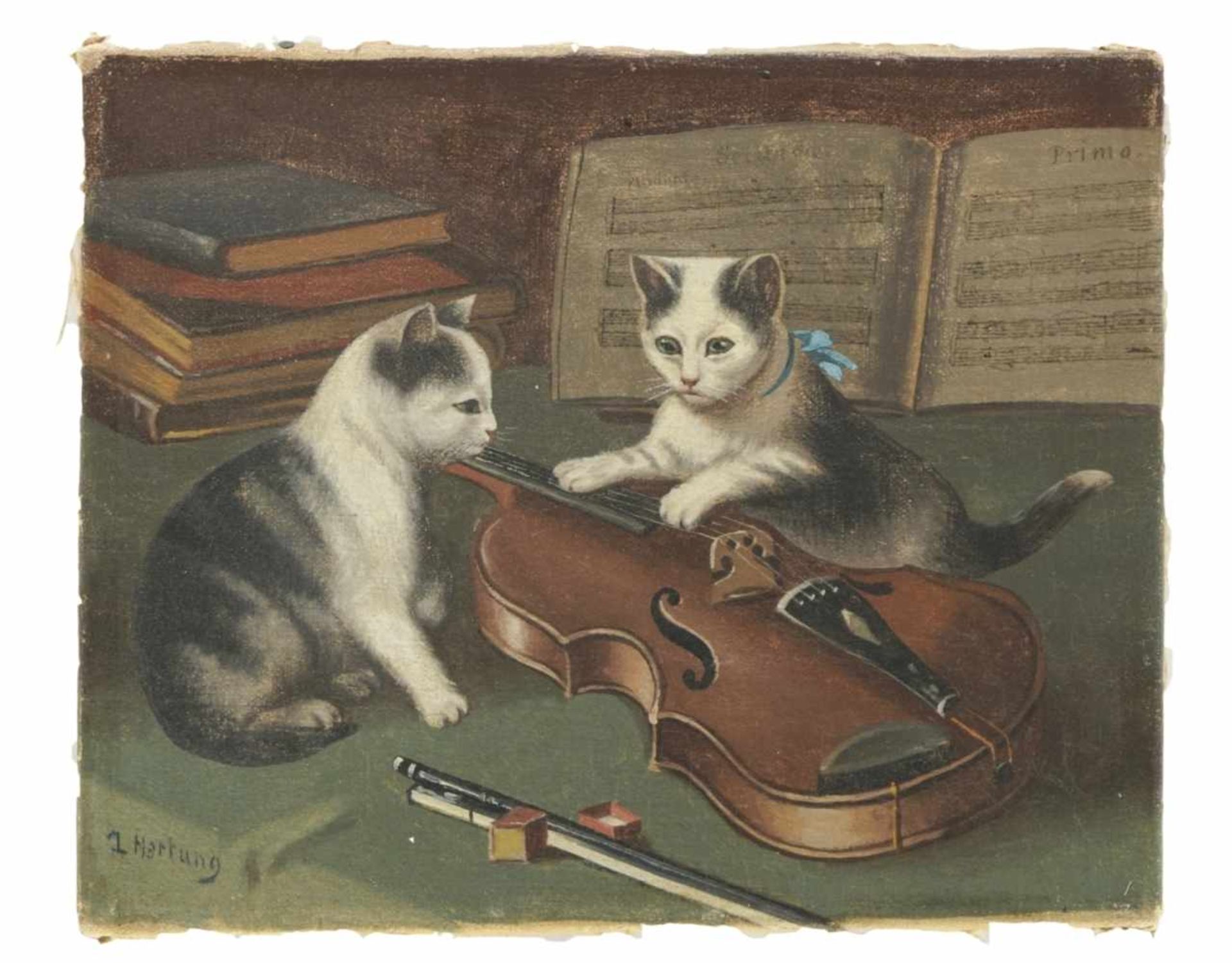 Carl REICHERT (1836-1918), Two cats as musicians, Oil on canvas, signed with the pseudonym