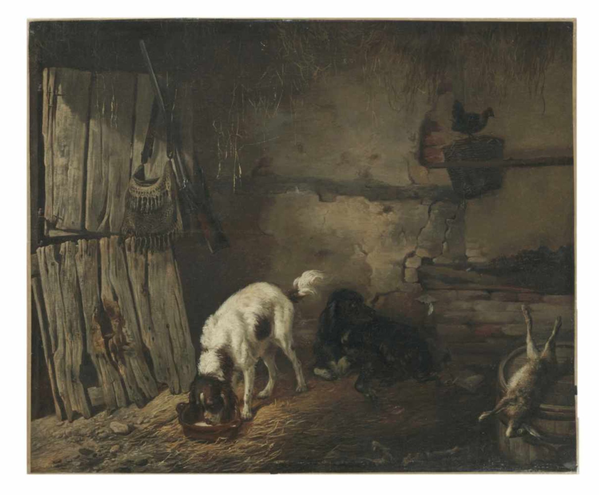 Unknown painter, Dogs in the stable after the hunt, Oil on canvas, probably around 1900,