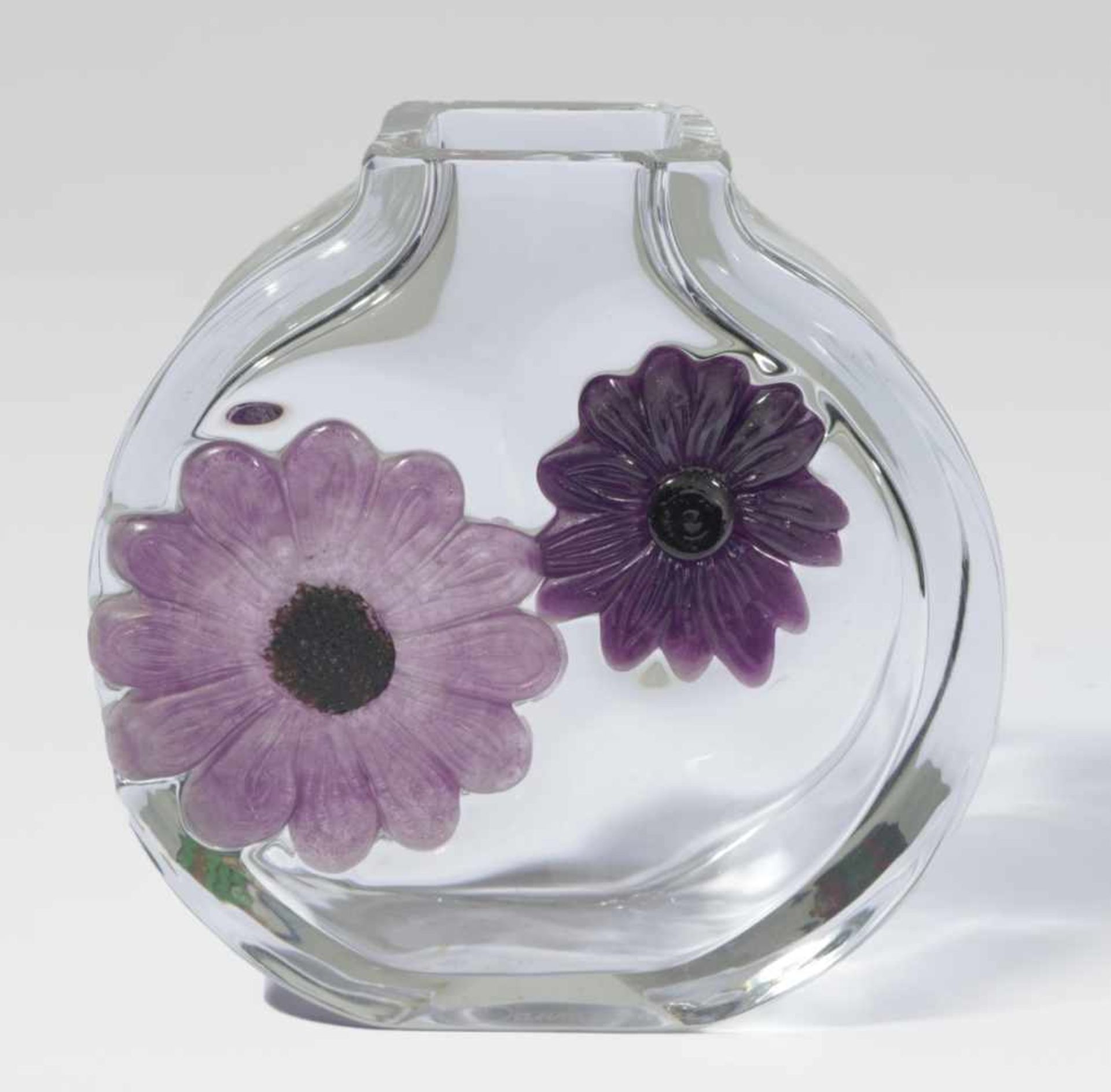 Vase with two Gerber flowers, Daum France late 20th c., colourless crystal glass and