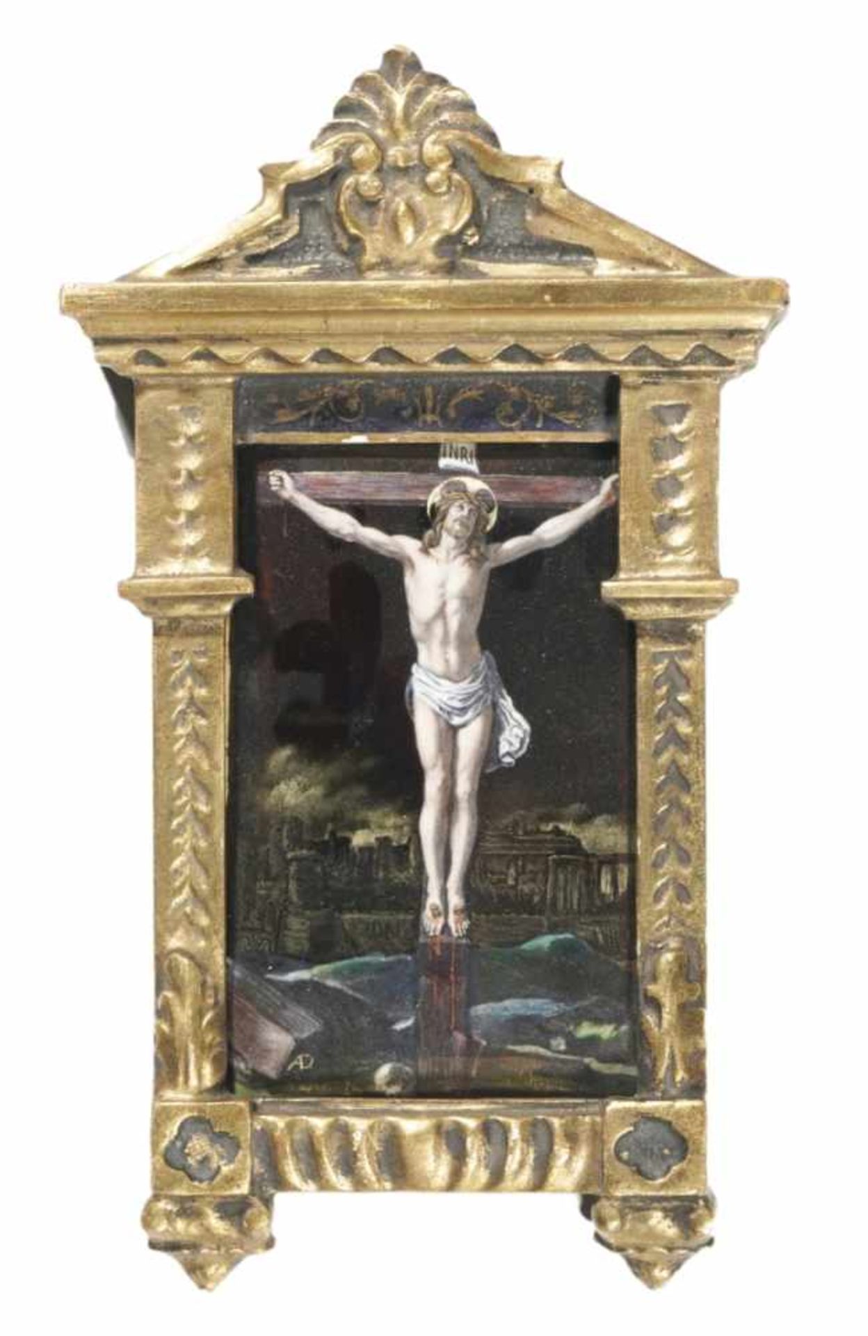 An amazing enamel picture of the crucifixion of Jesus in a Neo-Renaissance frame,