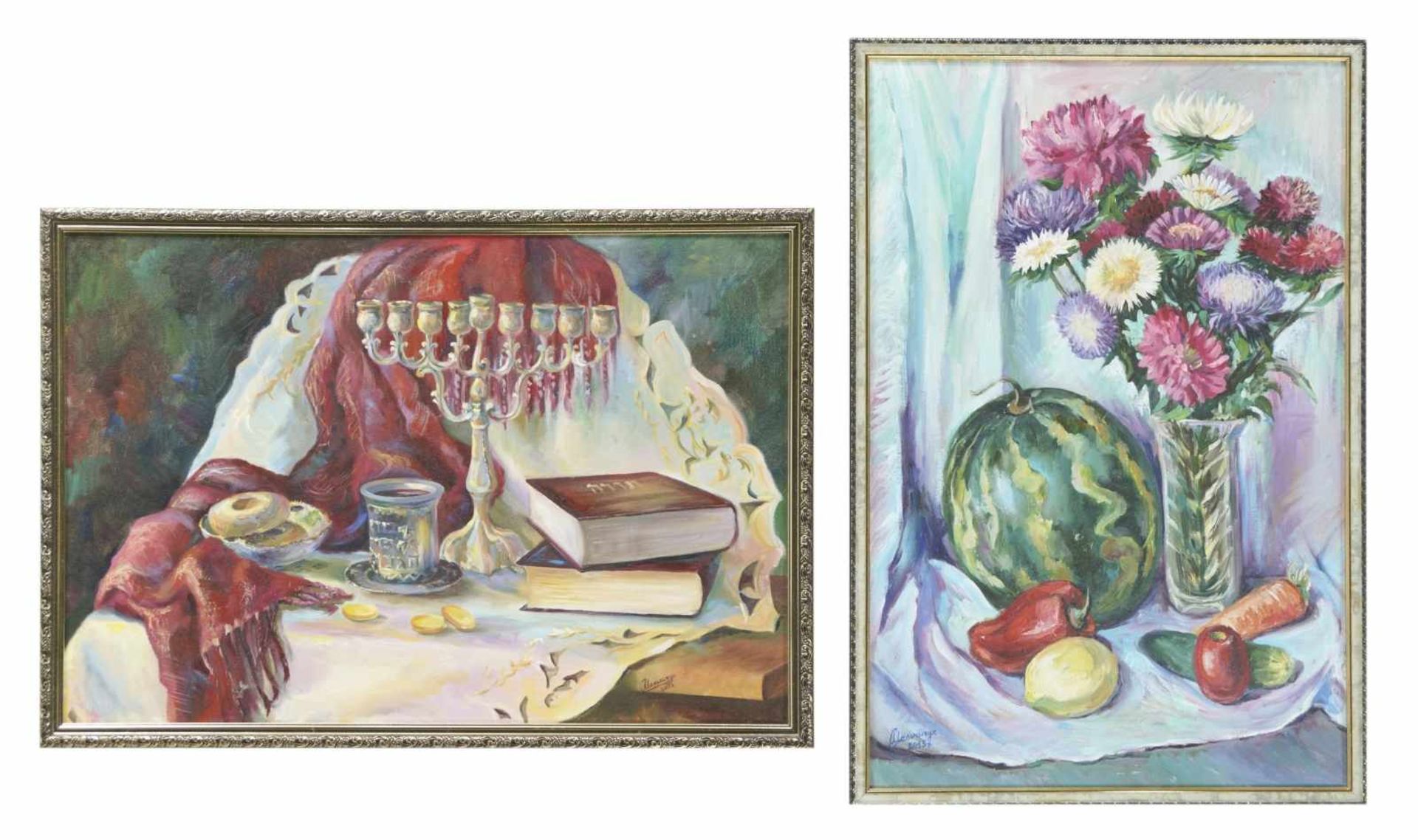 Switlana Melnytschuk, Two still lifes with Hanukkah and Asters, Oil on canvas, signed, - Bild 2 aus 4