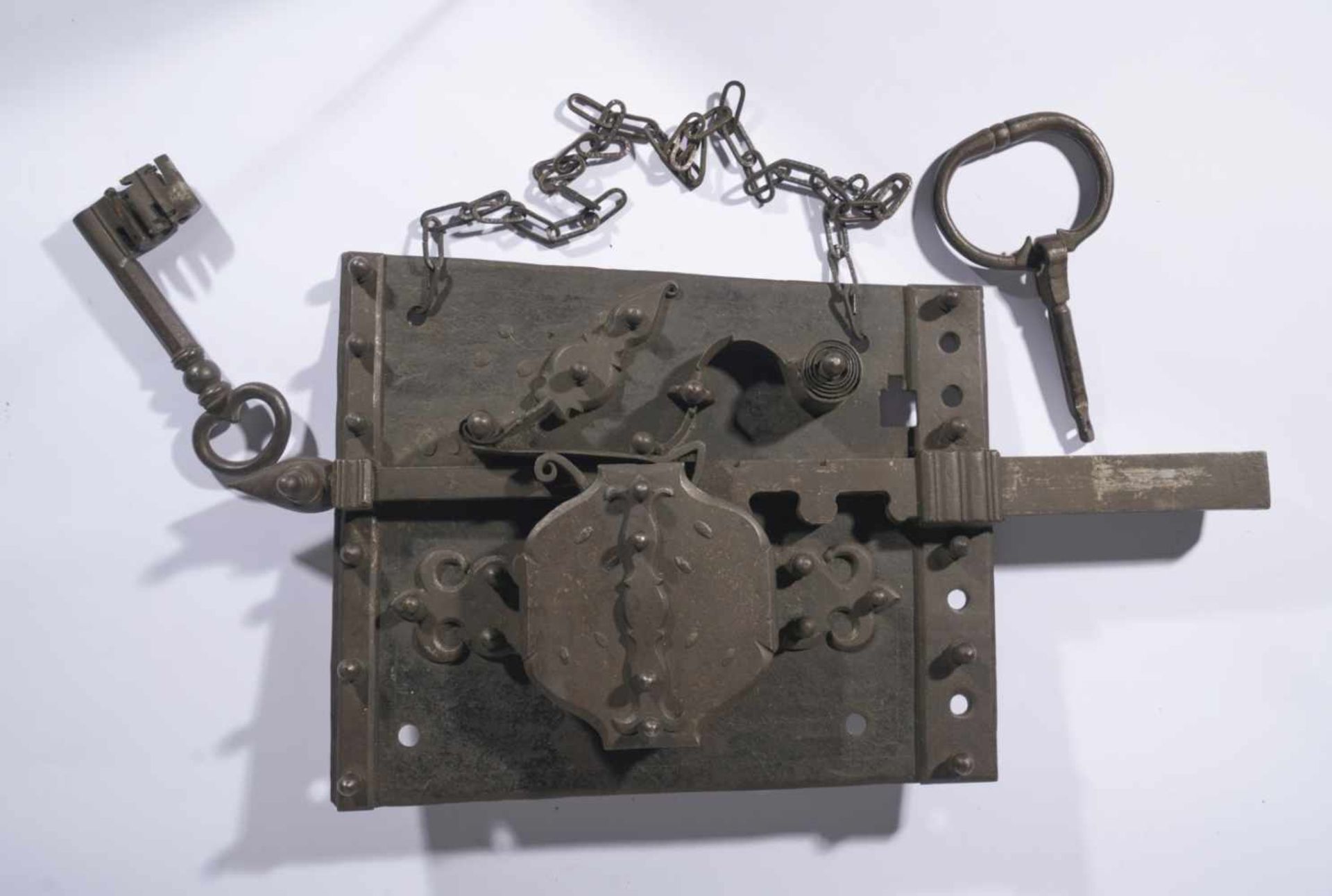Large lock with key, iron, probably medieval to baroque, 34 x 6 x 62 cm, key: 19 cm long,