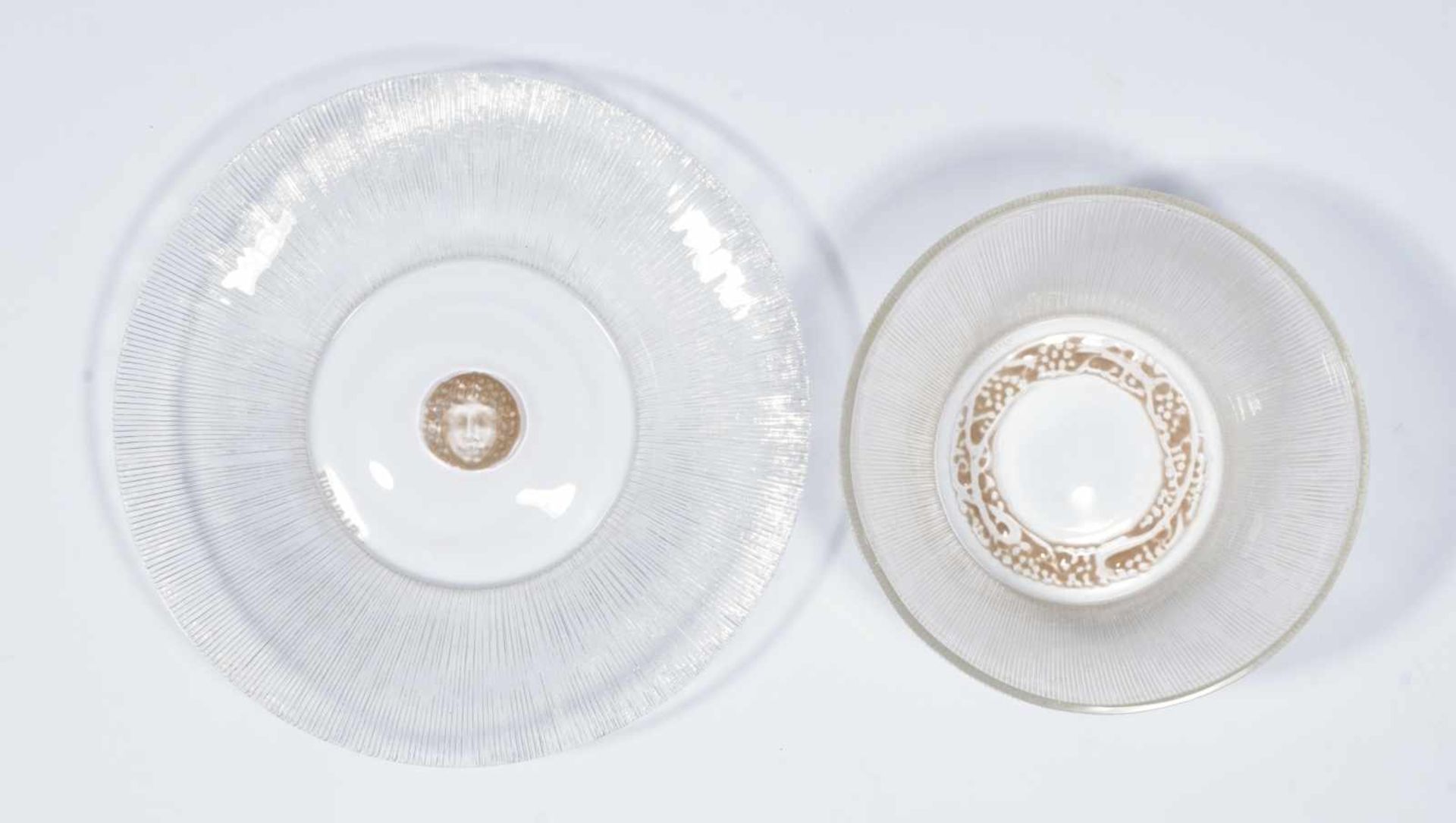 Plate and bowl. René Lalique. 1920-30: Colourless glass in relief, salmon patinated. Decor<