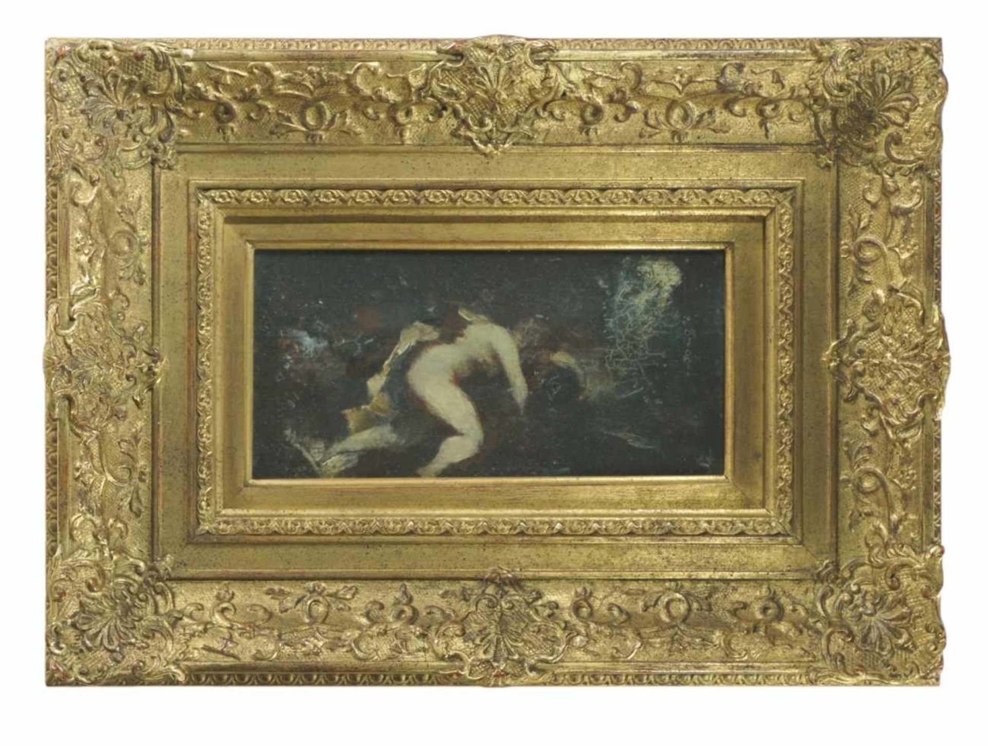 Unknown painter, Faun and Nymph, Oil on panel, illegible signed and dated 1868, 12 x 23,5 - Bild 2 aus 2