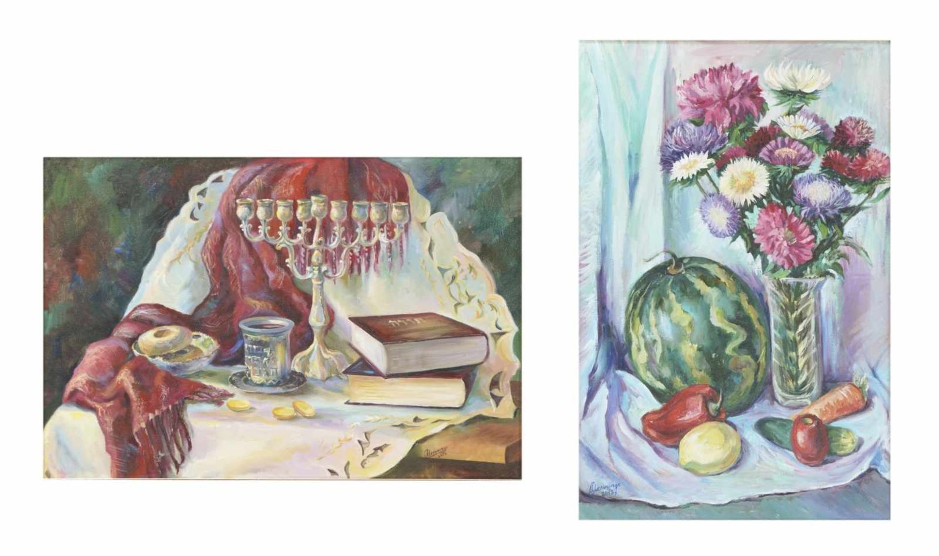 Switlana Melnytschuk, Two still lifes with Hanukkah and Asters, Oil on canvas, signed,