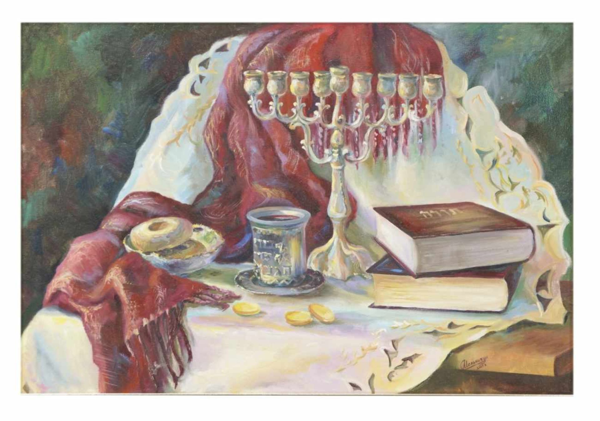 Switlana Melnytschuk, Two still lifes with Hanukkah and Asters, Oil on canvas, signed, - Bild 3 aus 4