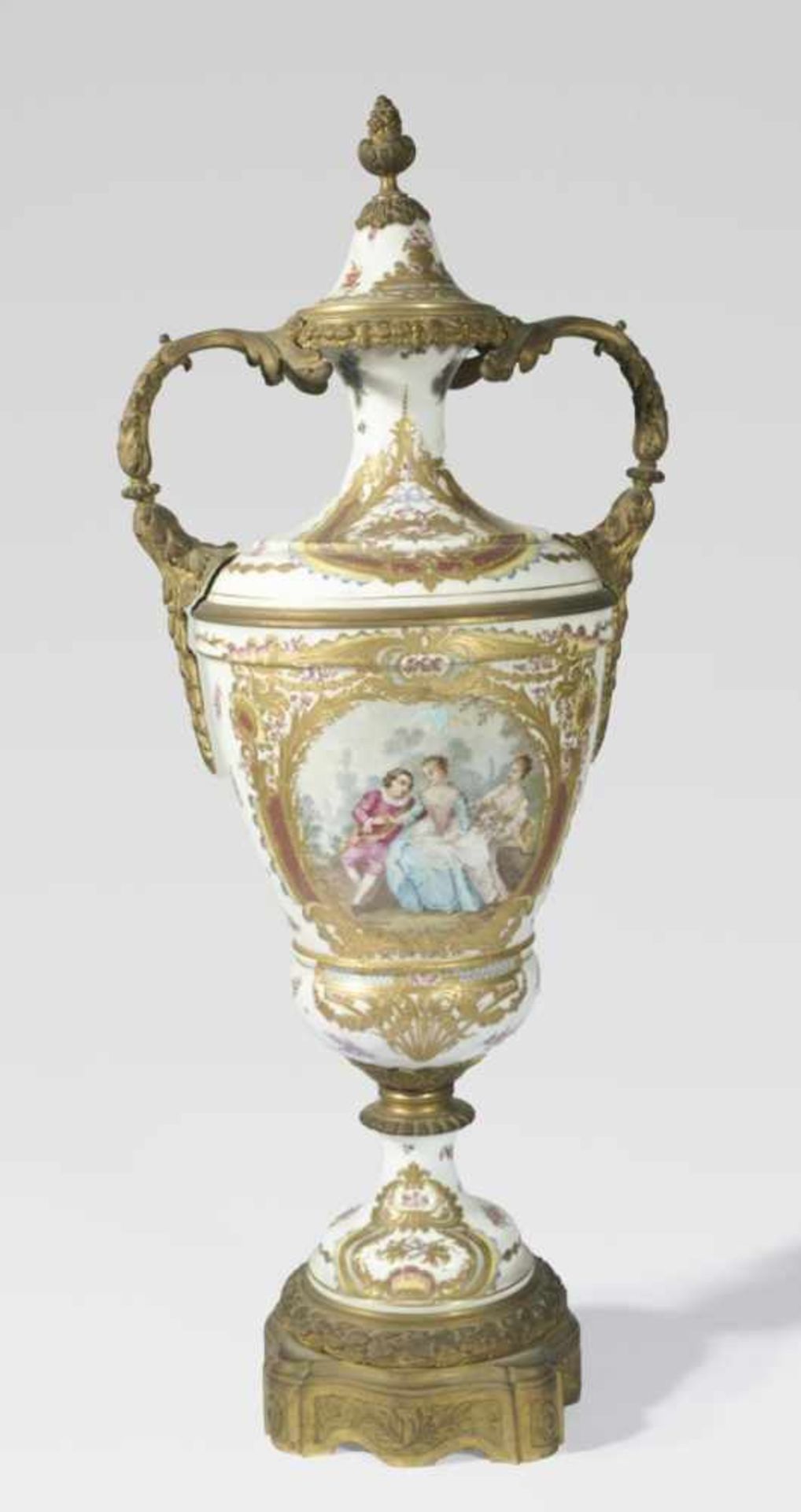 Large decorative vase with Watteau scenes, Germany, porcelain, baluster form on trumpet