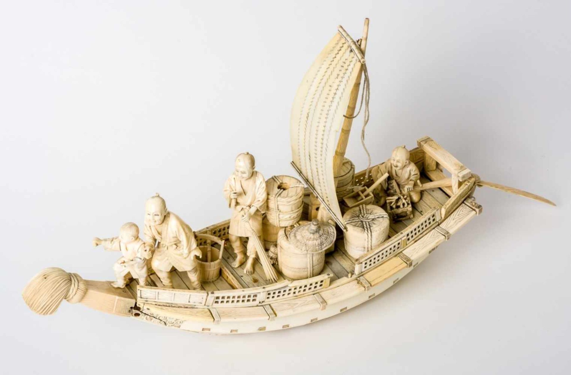 Sailboat with 4 persons and goods, Japan, ivory carving, probably around 1900length approx. 52 cm,