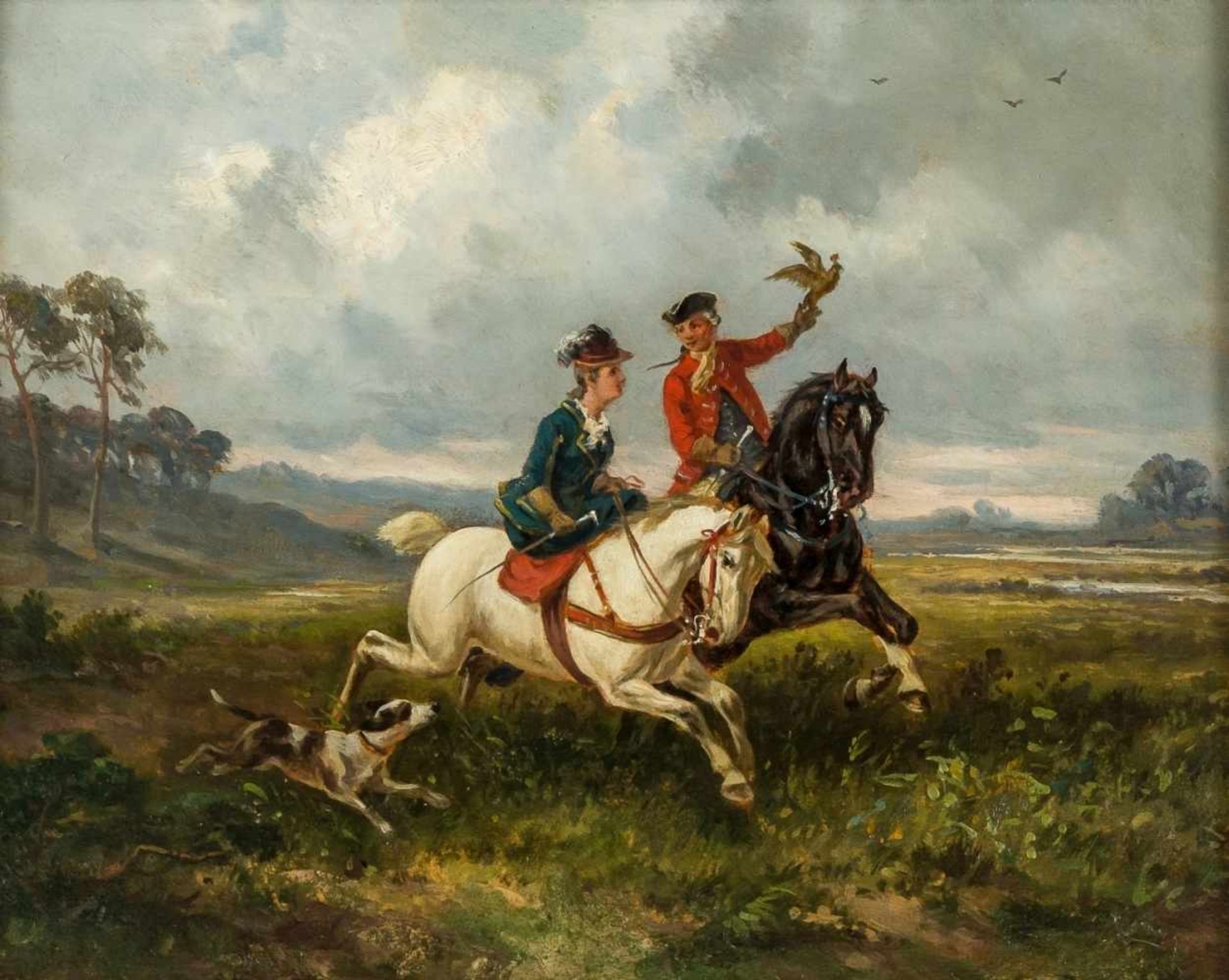 A Falconer with rider in ladies seat, England, oil on panel, 19th century, 25,5 x 32 cm,frame: 33,