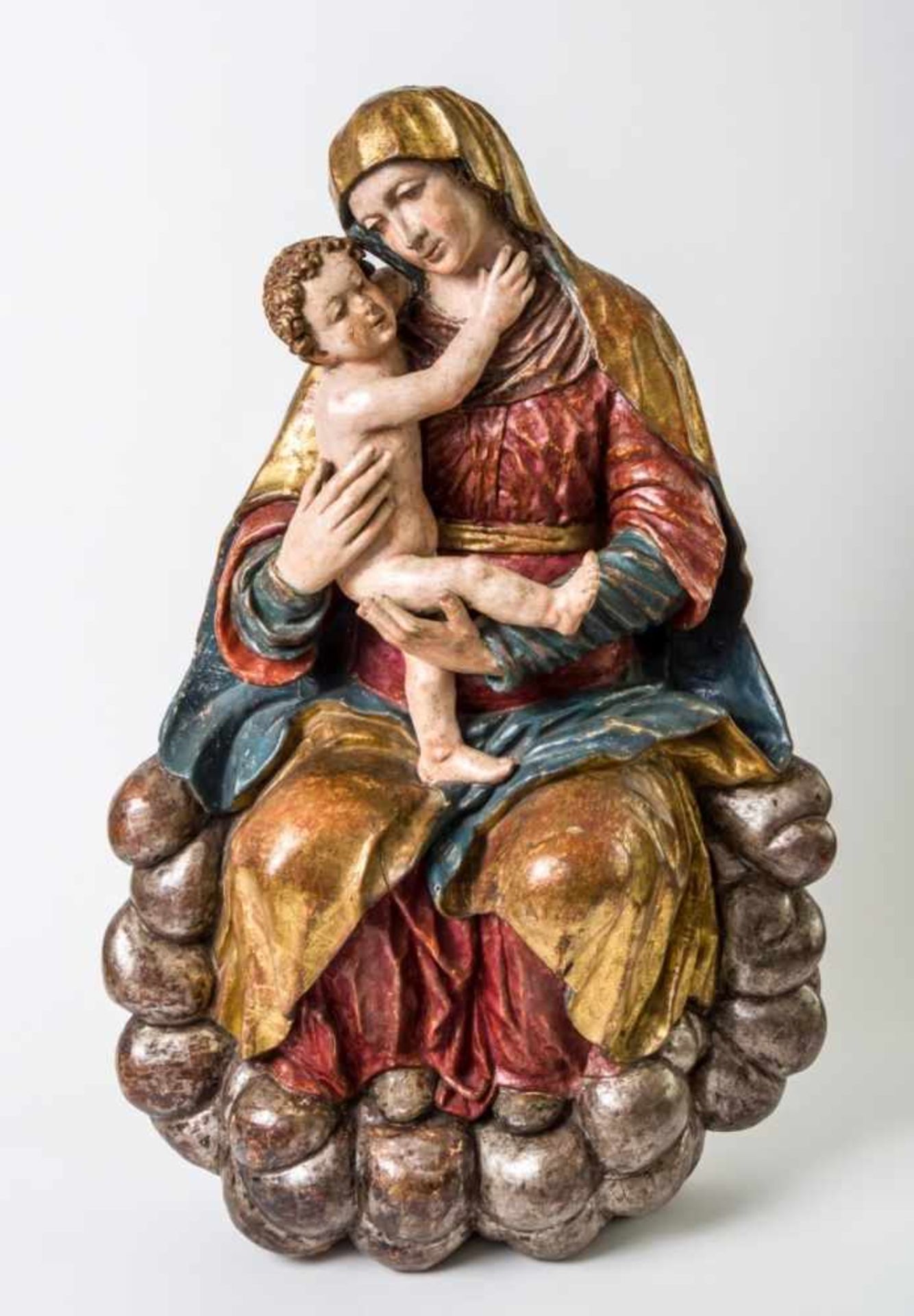 Very large sculpture of Mary with Child Jesus on clouds, South German region, baroque woodcarving,