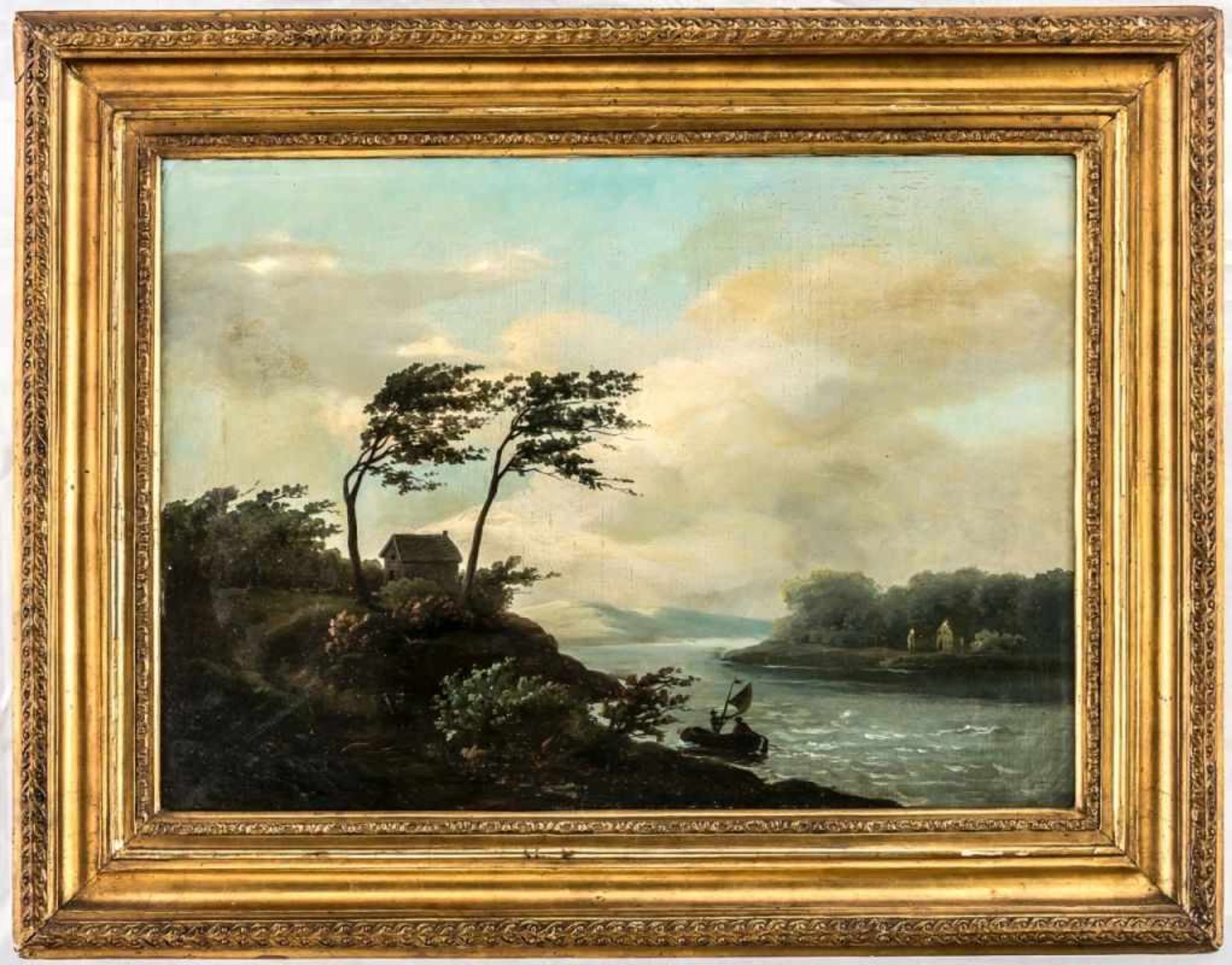 An impressive river landscape, Oil on canvas, 19th century, 46,5 x 66 cm, frame: 66,5 x84,5 cm, - Bild 2 aus 2