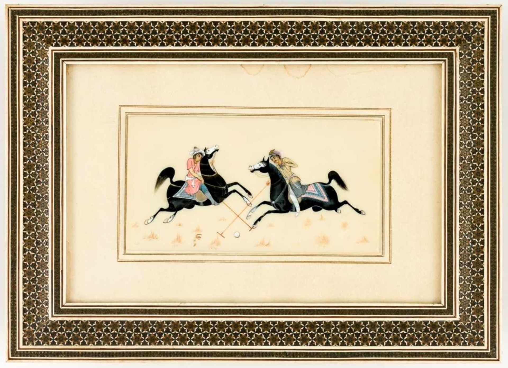 Playing Polo, Persian miniature painting on ivory with inlaid frame, probably early 20thcentury., 10