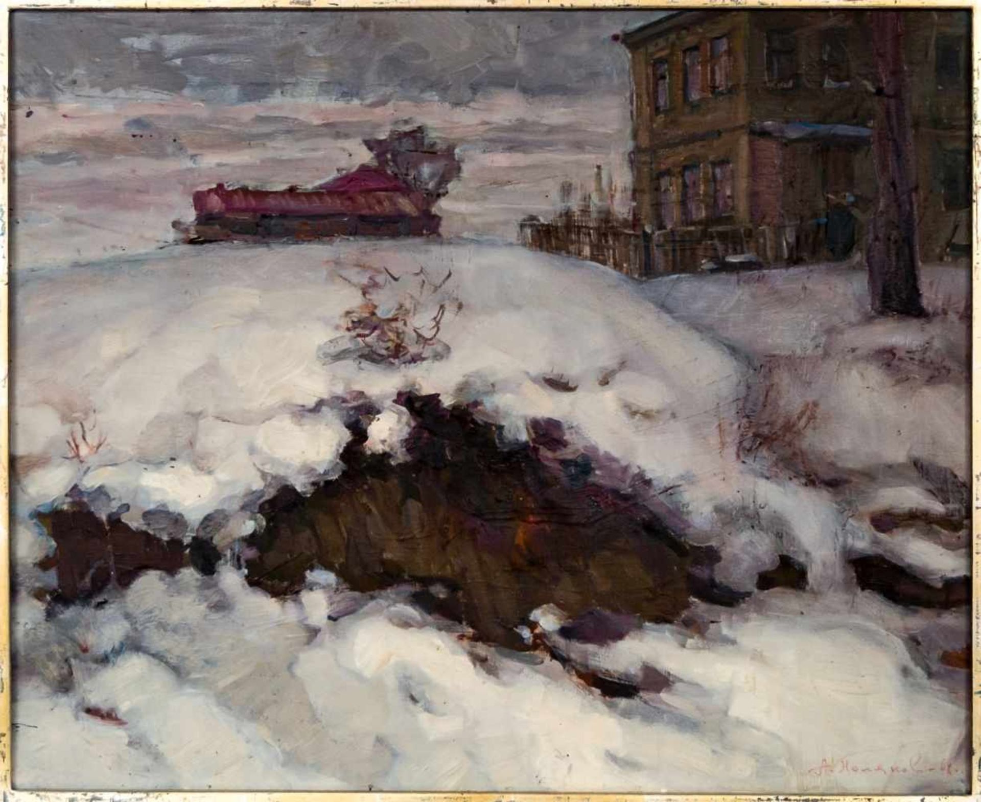 Winter impressions, Oil on cardboard, signed by Aleksej Poliakov (born 1943 Donezk) anddated 1968, - Bild 2 aus 2