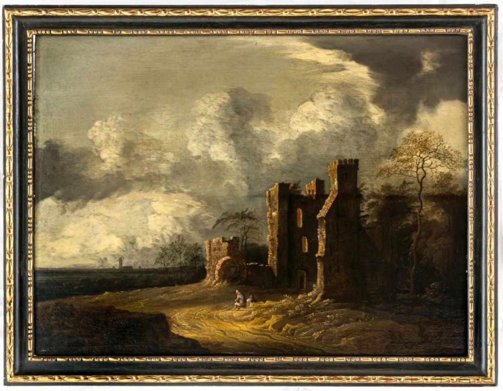 An impresive Dutch ruin landscape, Netherlands, oil on panel, signed at lower right I. v.Croos and - Bild 2 aus 3