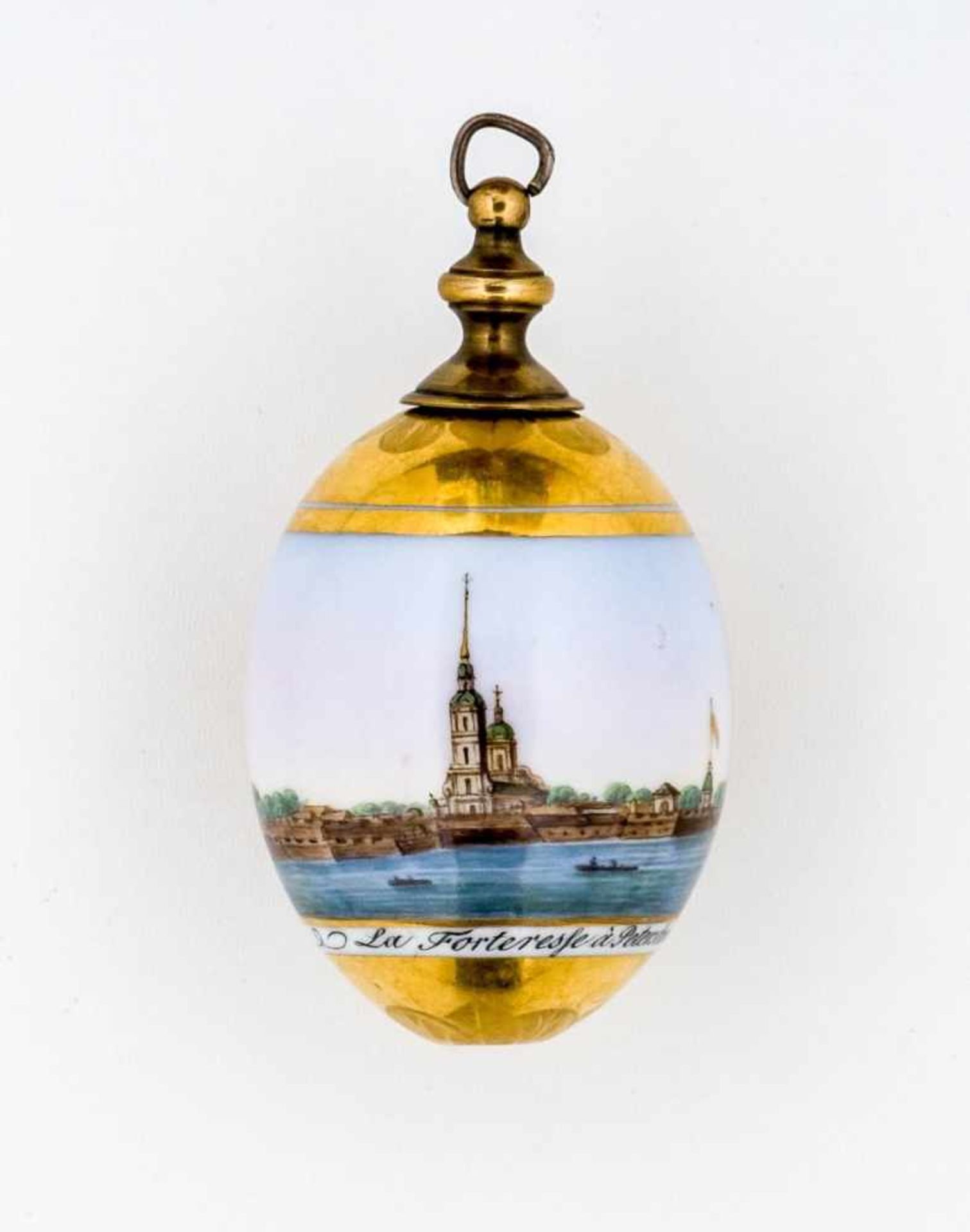A rare porcelain Easter egg with veduta of the Peter and Paul Cathedral as well as thefortress of