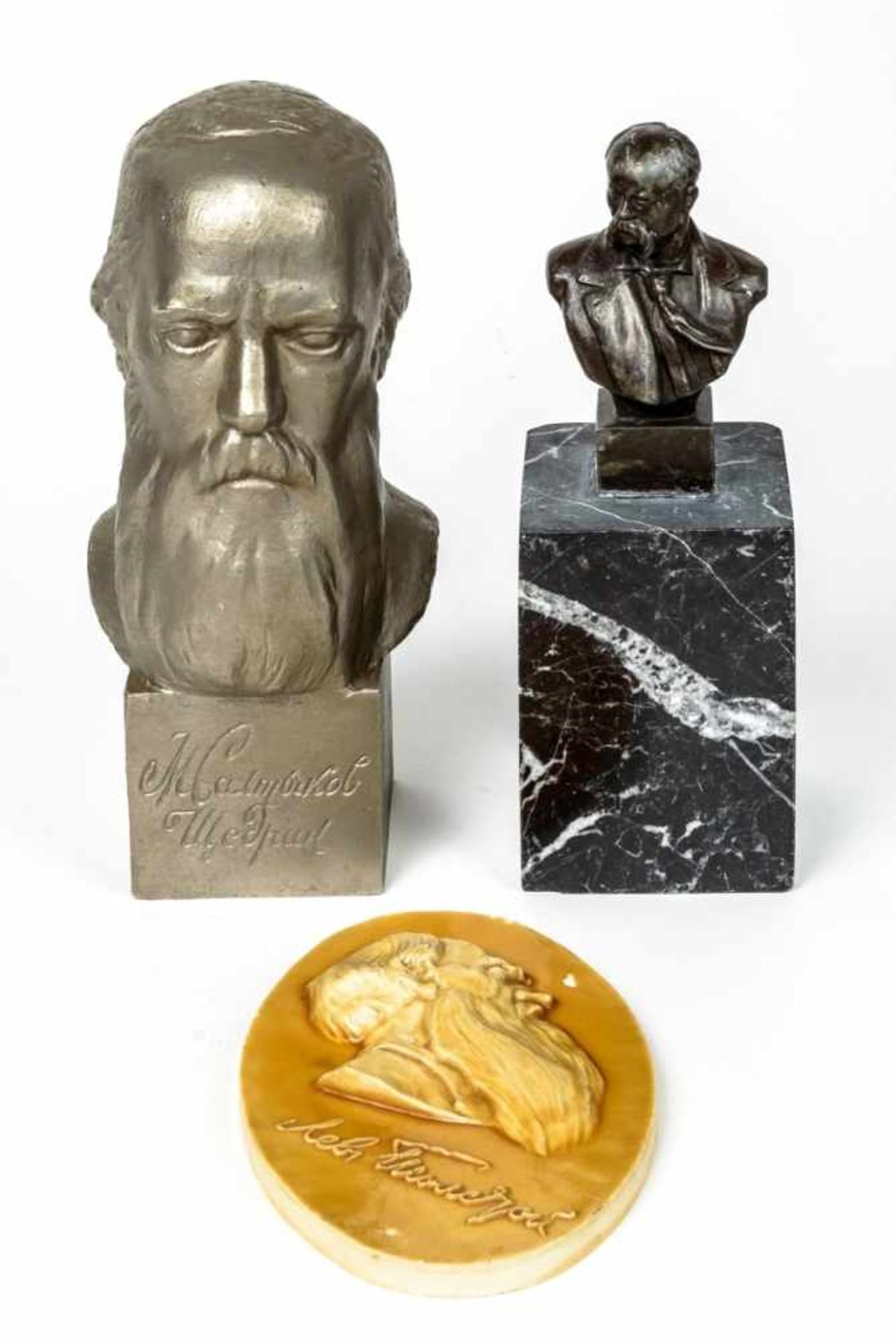 Busts of the Russian writers Mikhail Saltykov-Shchedrin, Maxim Gorky and Lev NikolayevichTolstoy,