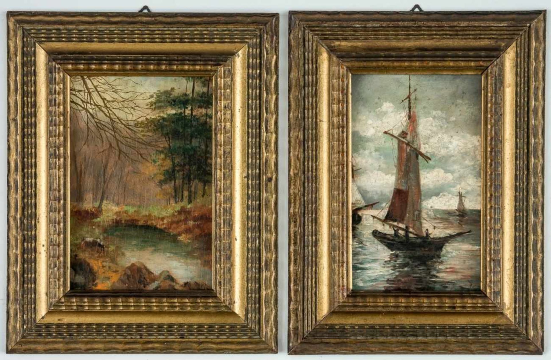 Two impressive paintings of a landscape and a sailboat, 24.2 x 16 cm, frame: 37.5 x 29.5cm and 25