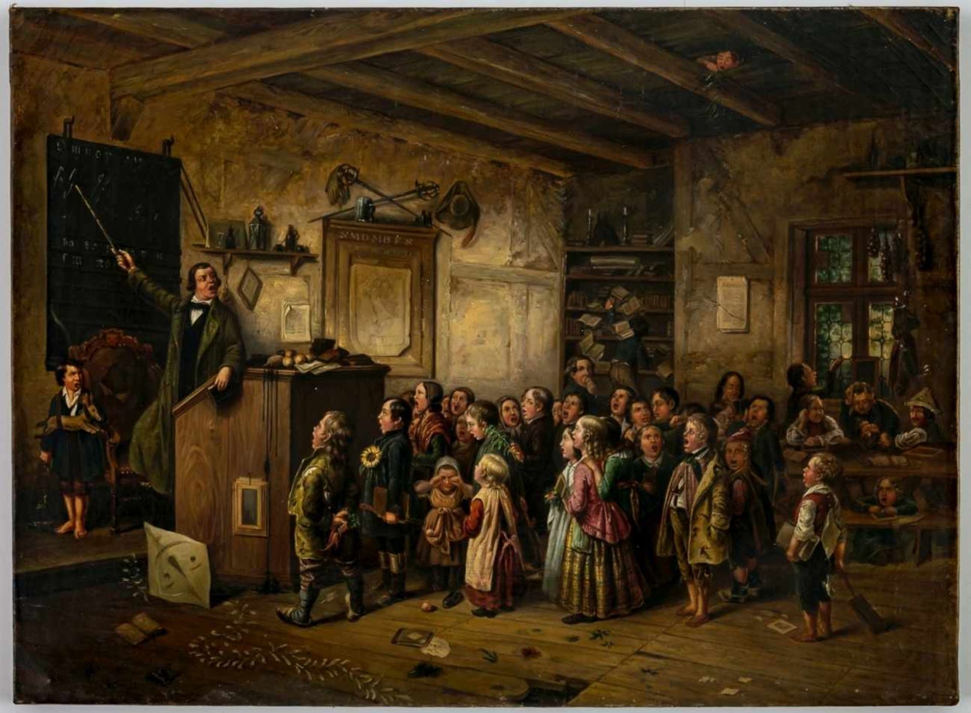 In the village school, Oil on canvas, probably circle of Johann Peter Hasenclever(1810-1853), 47 x